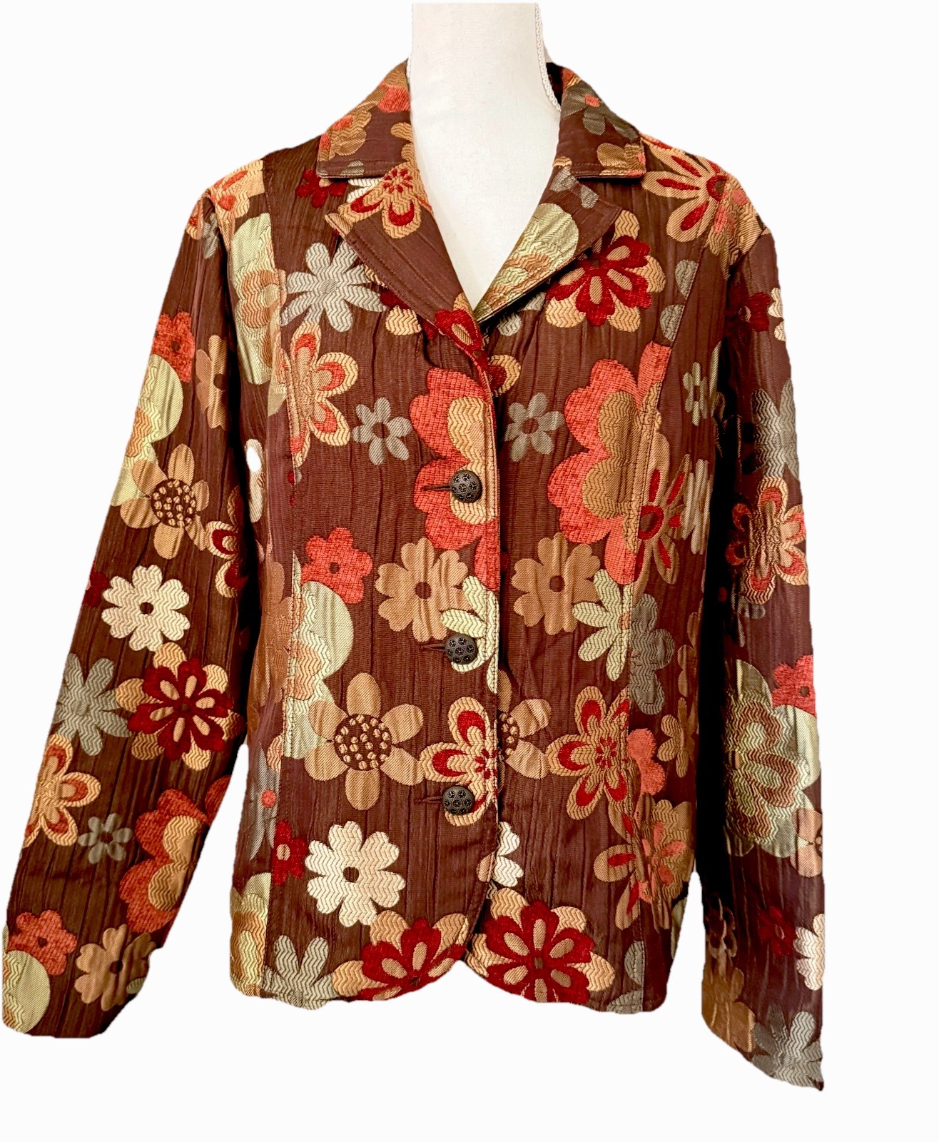 Erin London Brown Floral Blazer Sz XL Burnt Orange Tan Burgundy Green Artsy Boho