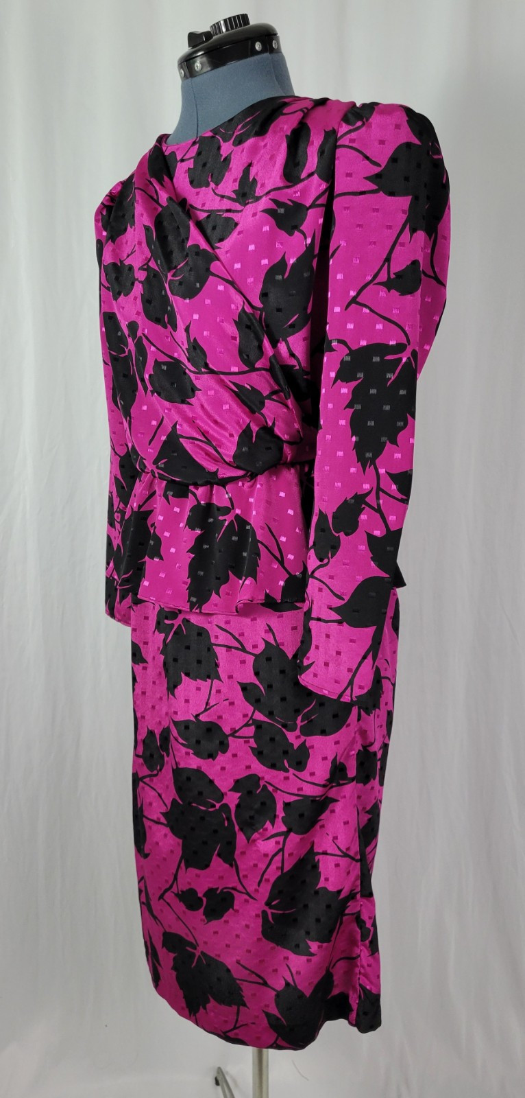 Vintage Jody of CA Pink & Black Faux Wrap Dress w Peplum & Tie Back Size 3/4