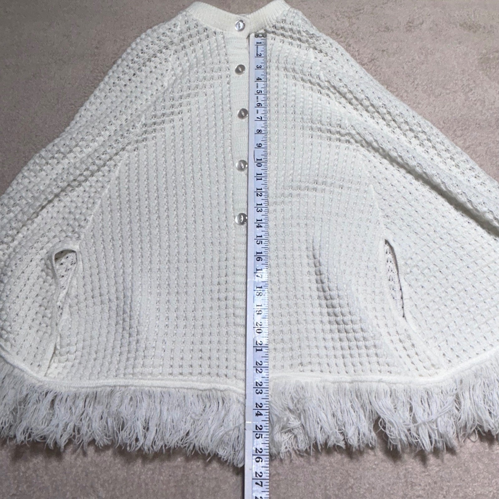 Vintage White Knit Button Front Fringe Cape Wrap Poncho with Arm Slits