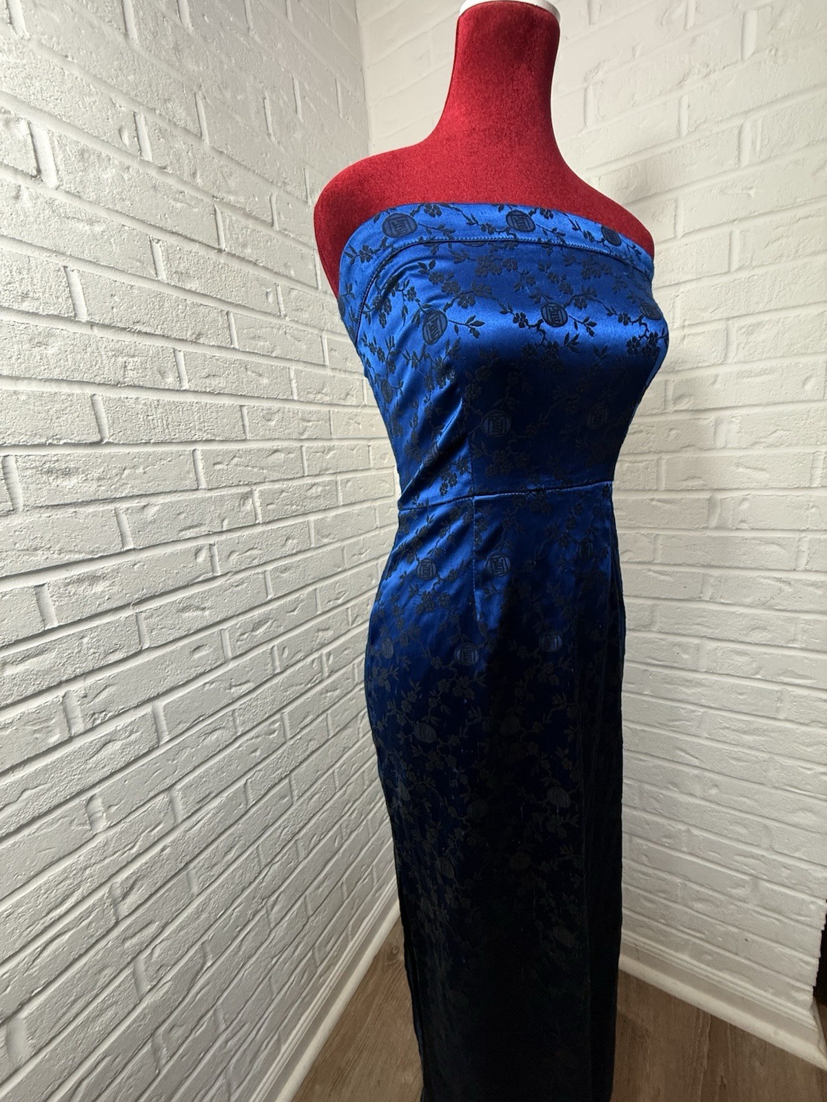 Vintage 90s L.A. Glo S Blue Black Floral Brocade Strapless Maxi Dress USA