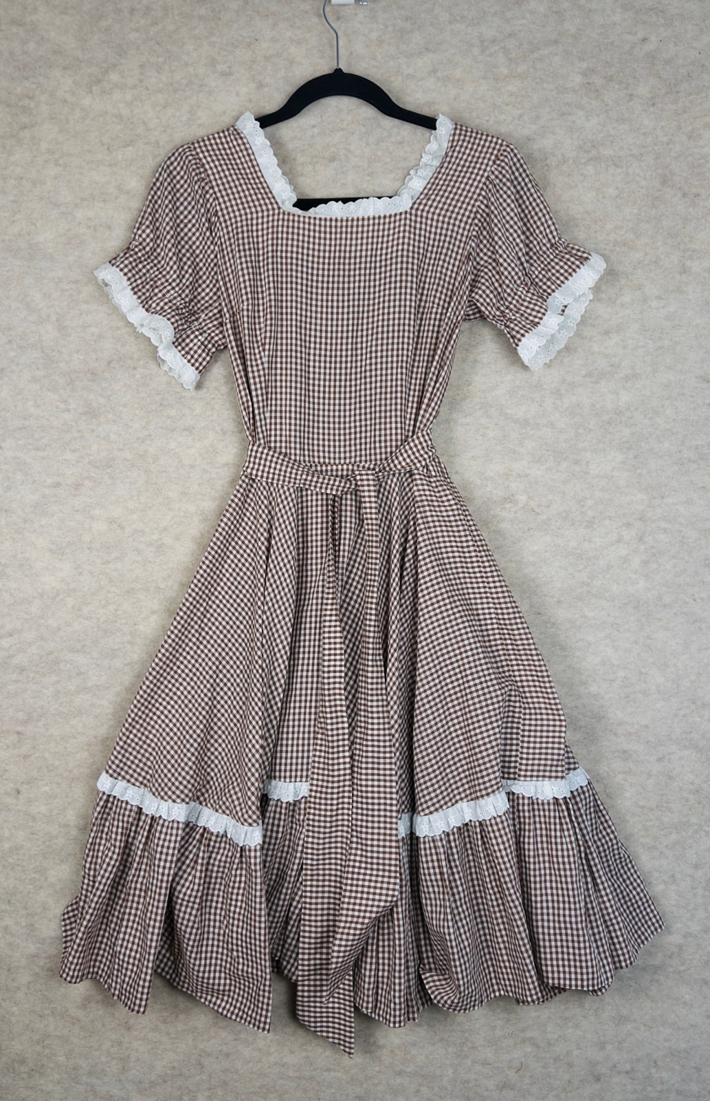 Vintage 70s 80s Handmade Brown Gingham Ruffle Prairie Dress Cottagecore Western