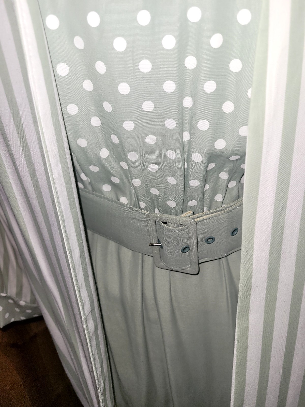 1980s STUART ALAN Sage Green Career Wear Polka Dot Belted Dress + Striped Jacket