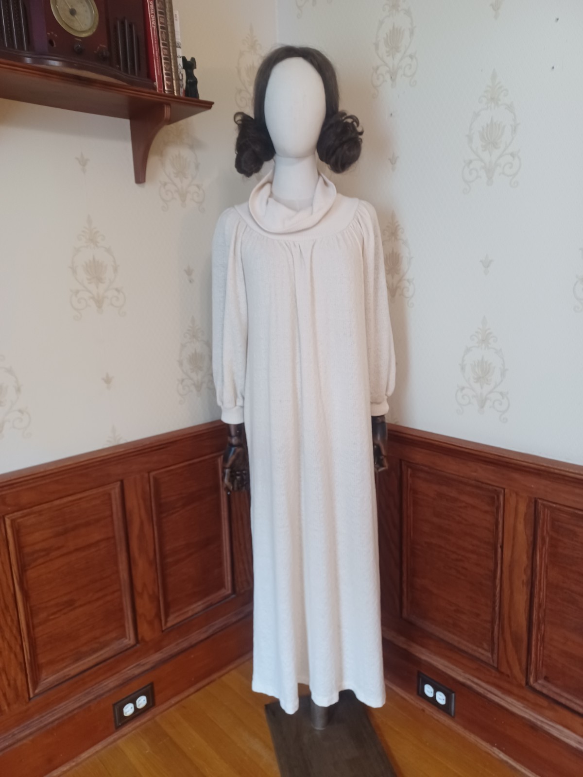 Vintage 1970s R. Michael Allen Ivory Boho Prairie Cowl Neck Knit Hostess Dress