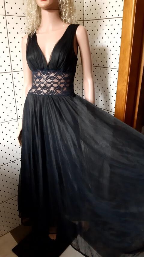 Vintage 80s Black Nylon Peignoir Dress Sexy Guipure Layered Chest 86cm/34″