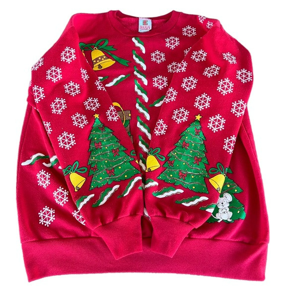 VTG Christmas Sweatshirt Cat Mouse Holiday Time Puffy Graphic Crewneck Med Red