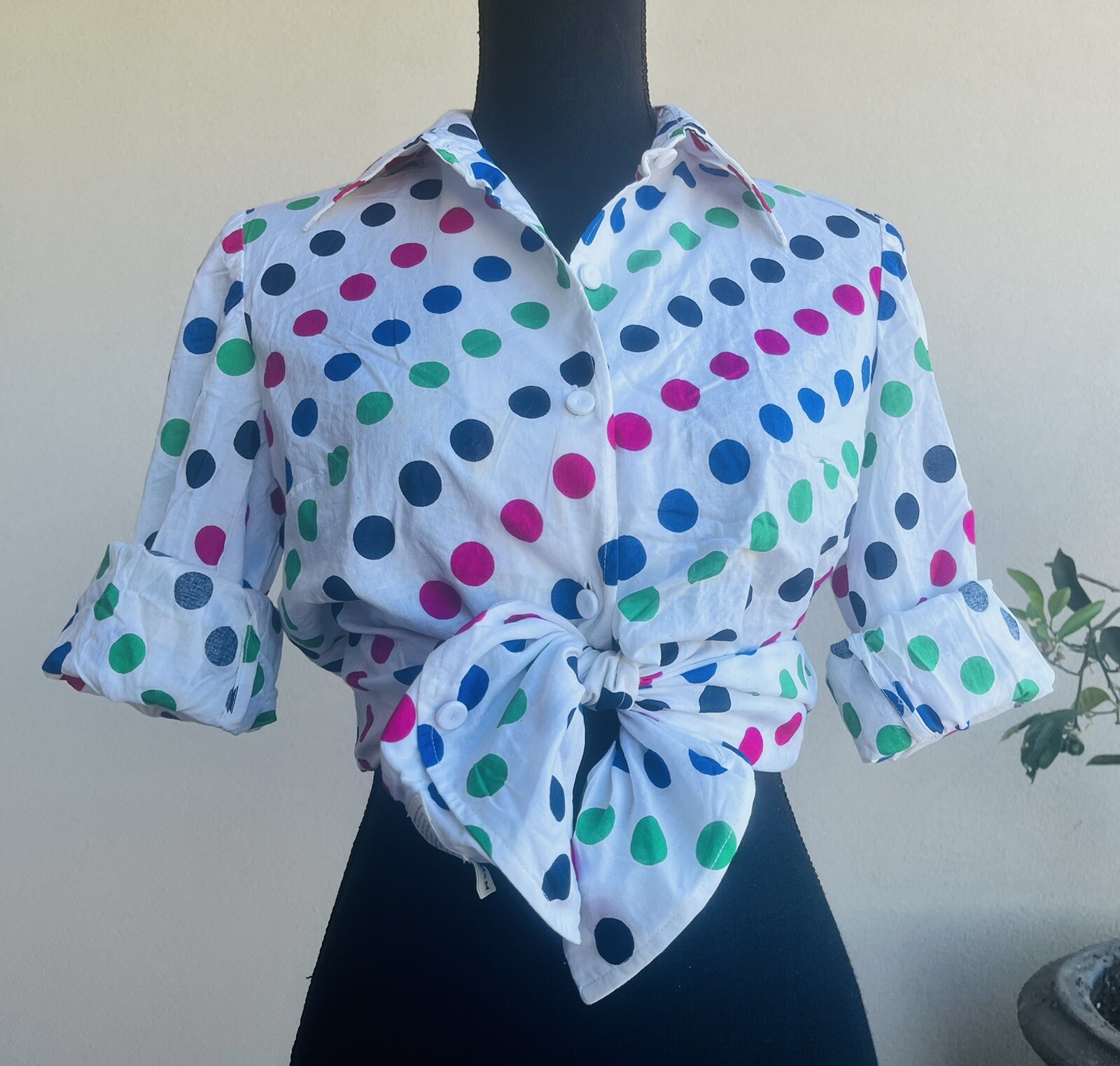 Vintage Colorful Rainbow Polka Dot Women’s Button Down Shirt Long Sleeve Small