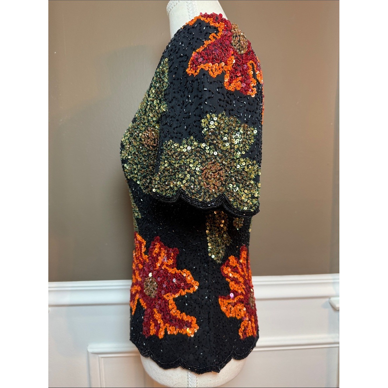 Vintage Silk Beaded Floral Top Black Sequin Scalloped Fitted M