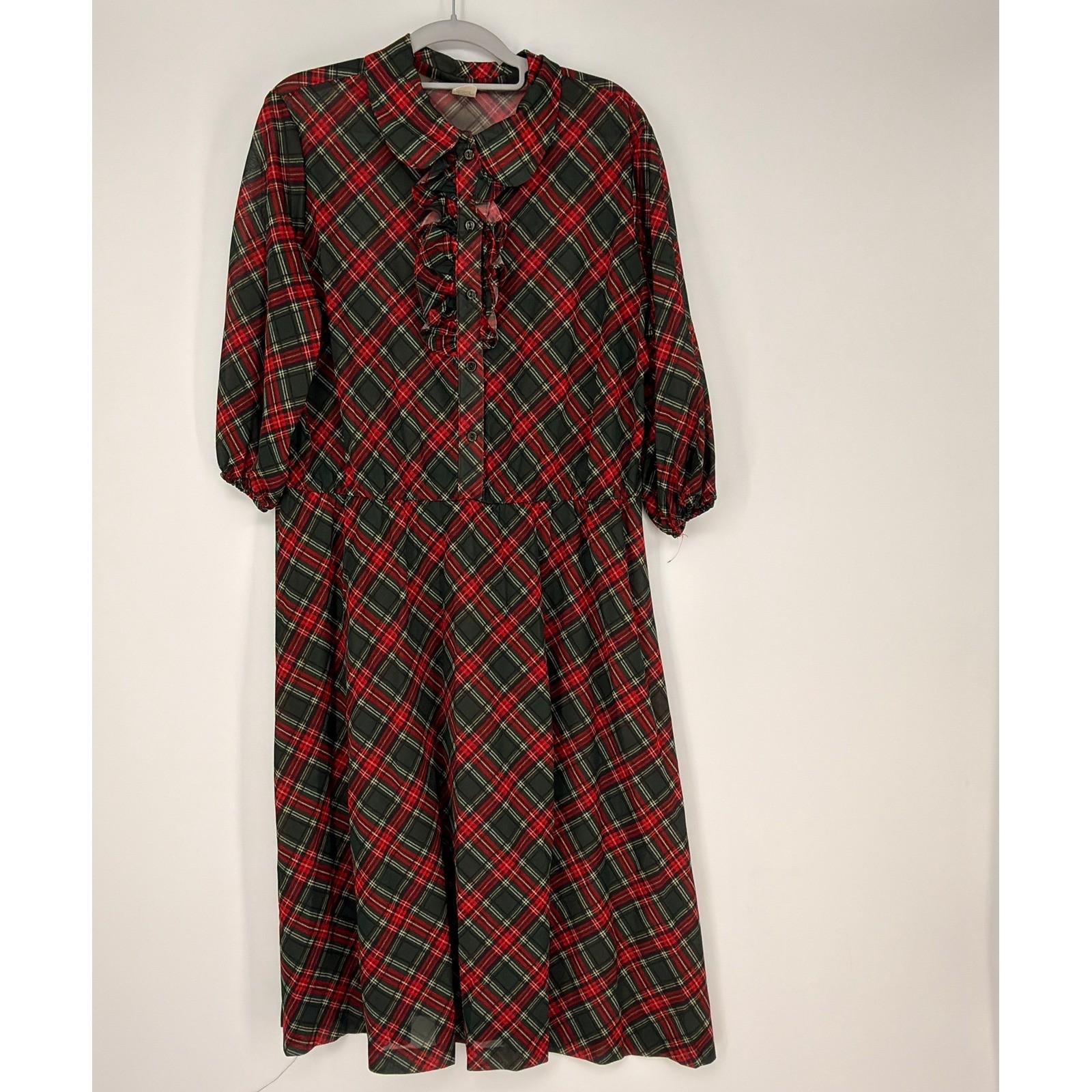 ILGWU Vintage Plaid Midi Dress Women Large Red Green Ruffle Peter Pan 70s 80s