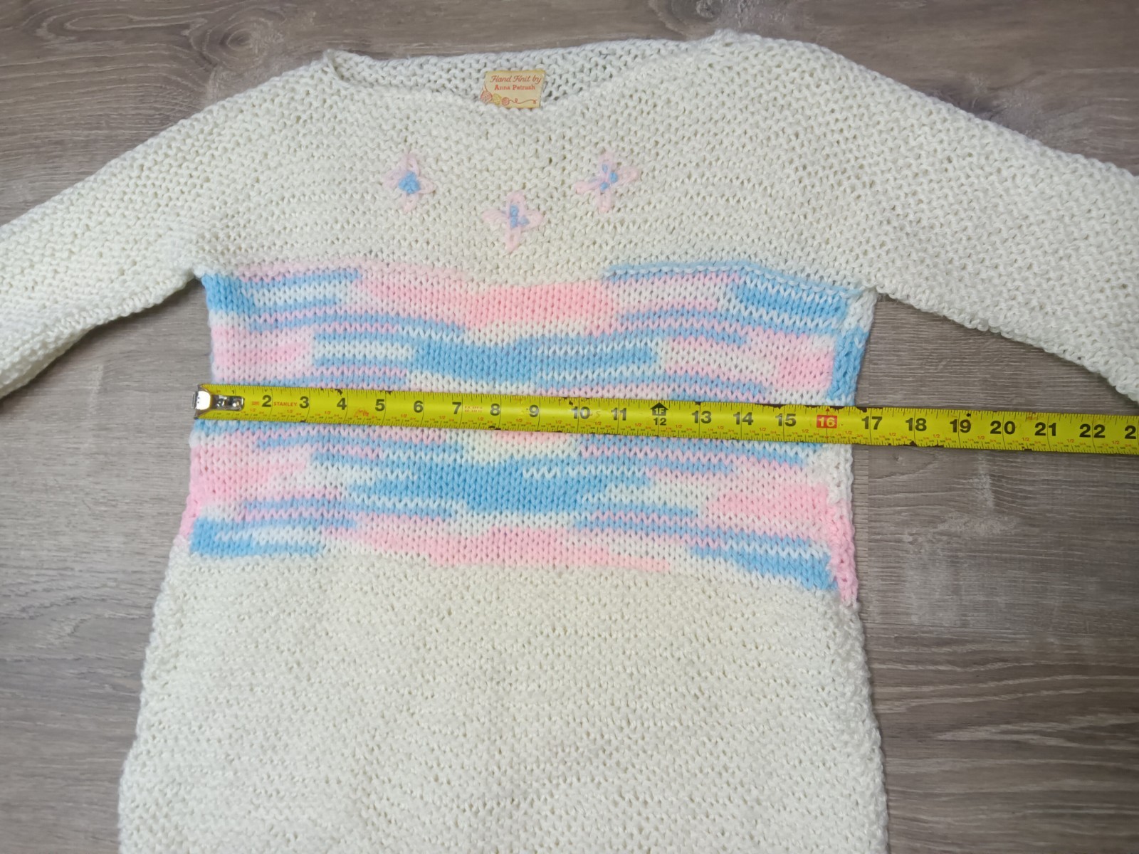 Rare Vintage 1980s Anna Petrush Hand Knit Sweater Ivory Pink Blue Women’s Knit