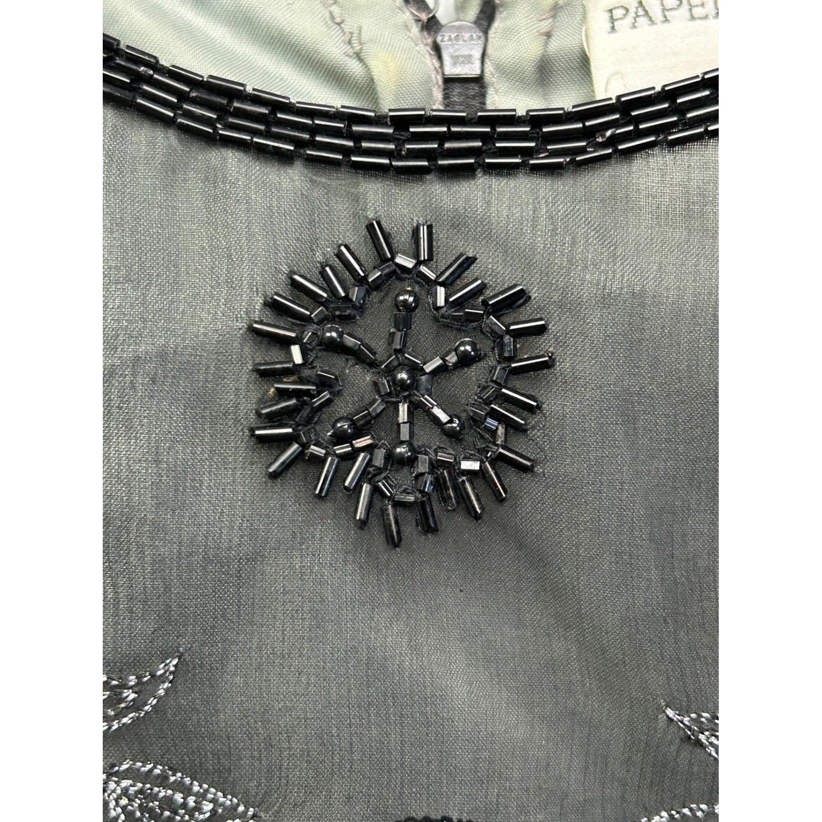 Papell Boutique Evening Top Women M Grey Silk Beaded Floral Short Sleeve Blouse