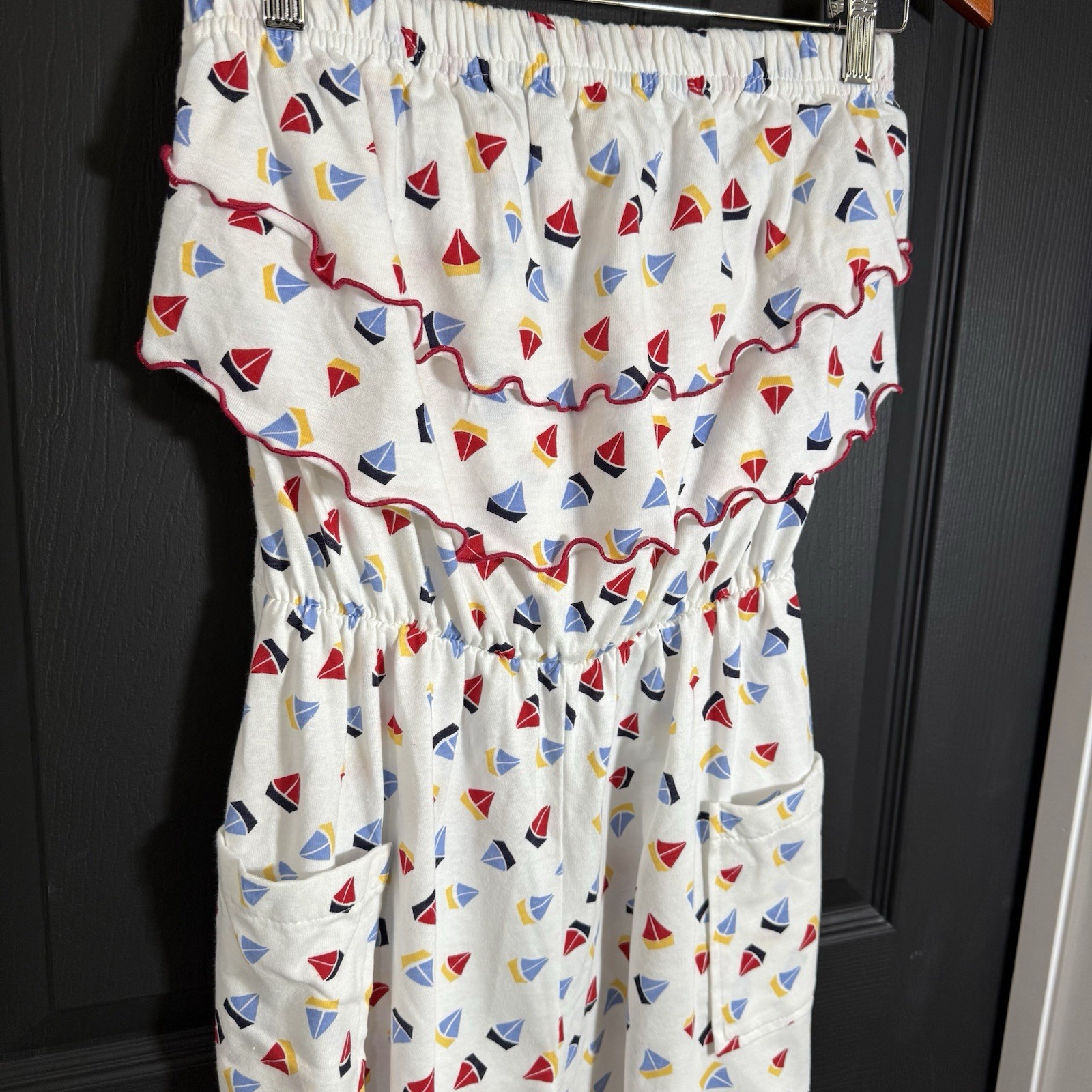 Vtg 70s 80s Glorias Fashions Stretch Romper Sail Boat Design L Made in USA