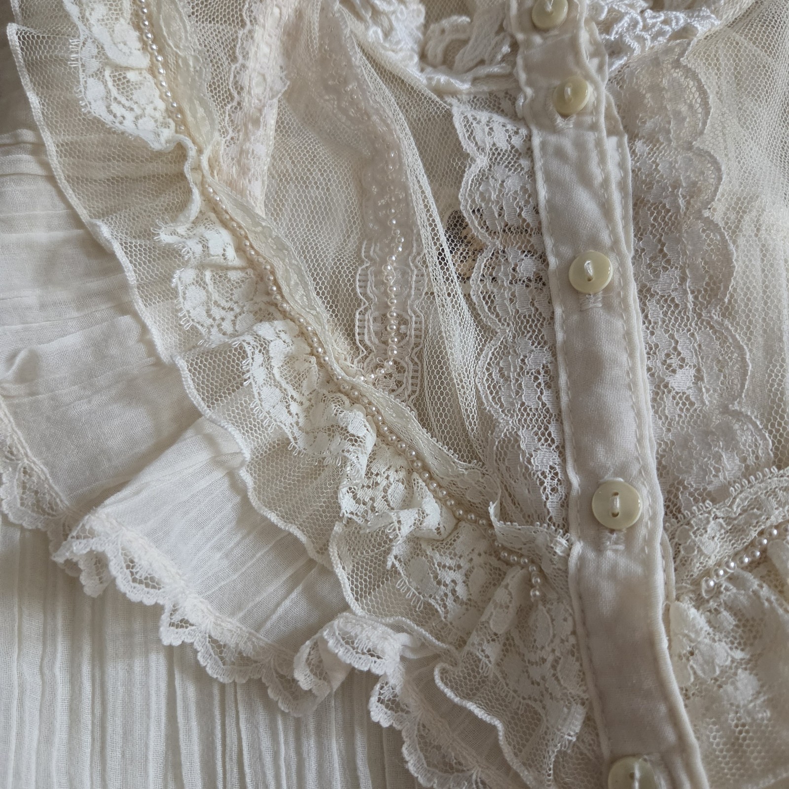 Gunnies Ivory Sheer Lace Blouse High Neck Ruffle Pearl Button Long Sleeve
