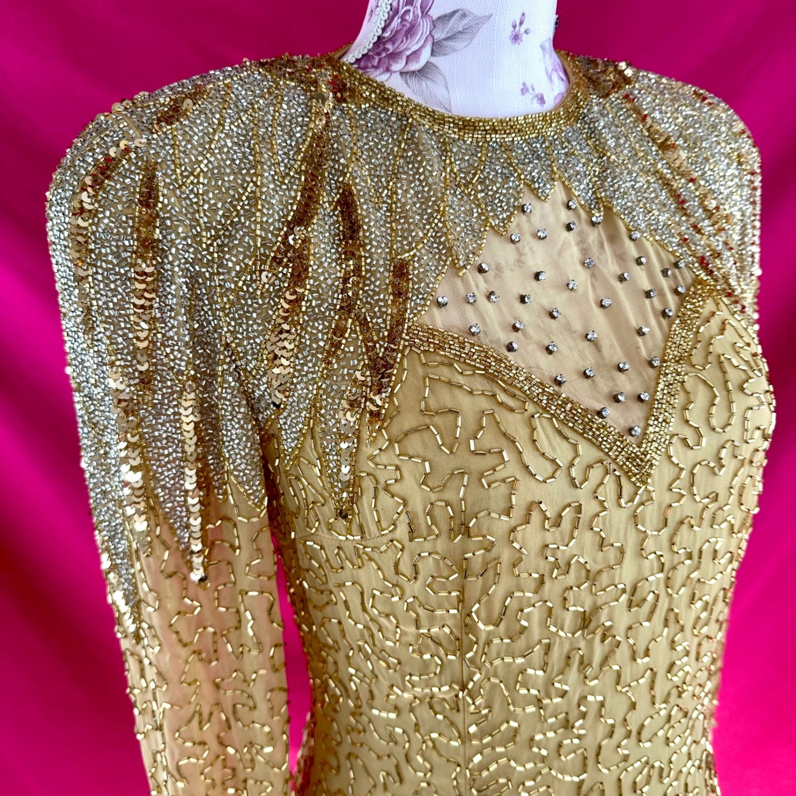 NWT Beaded Sequin Rhinestone Silk Gold Party Midi Dress Oleg Cassini Size 6 NYE