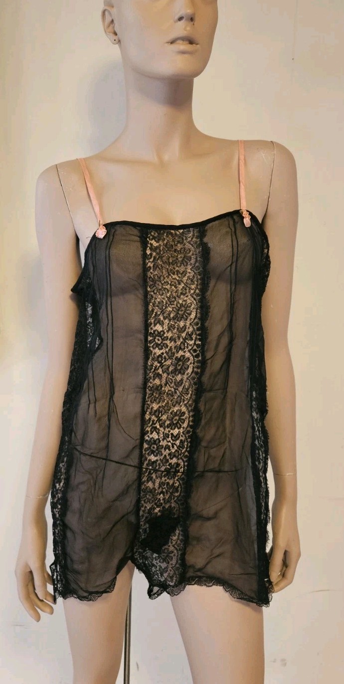 Rare Vintage 1920s Black Silk Chiffon & Lace Teddy with Pink Roses & Straps