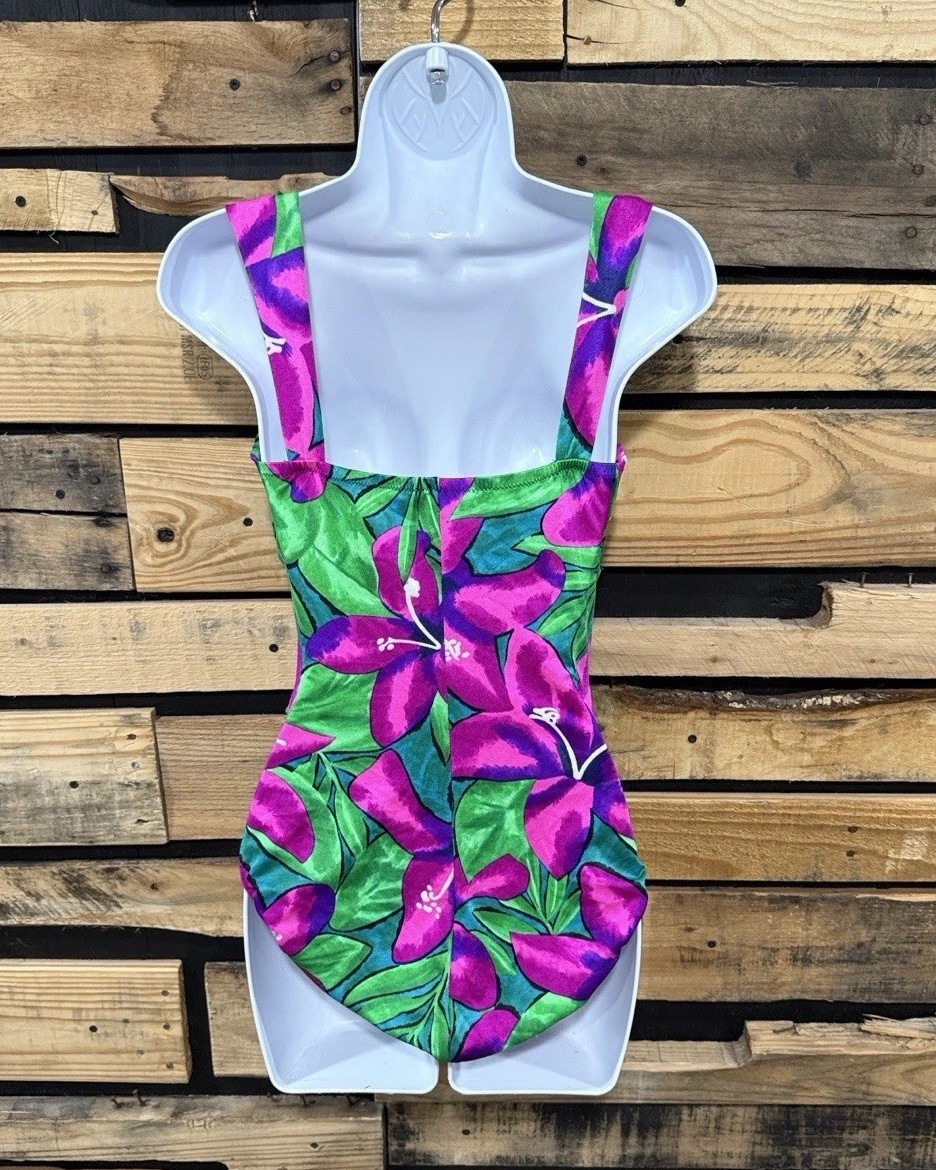Vintage 80s Sirena 12 One Piece Swimsuit Vibrant Floral Retro Pin Up Ruched