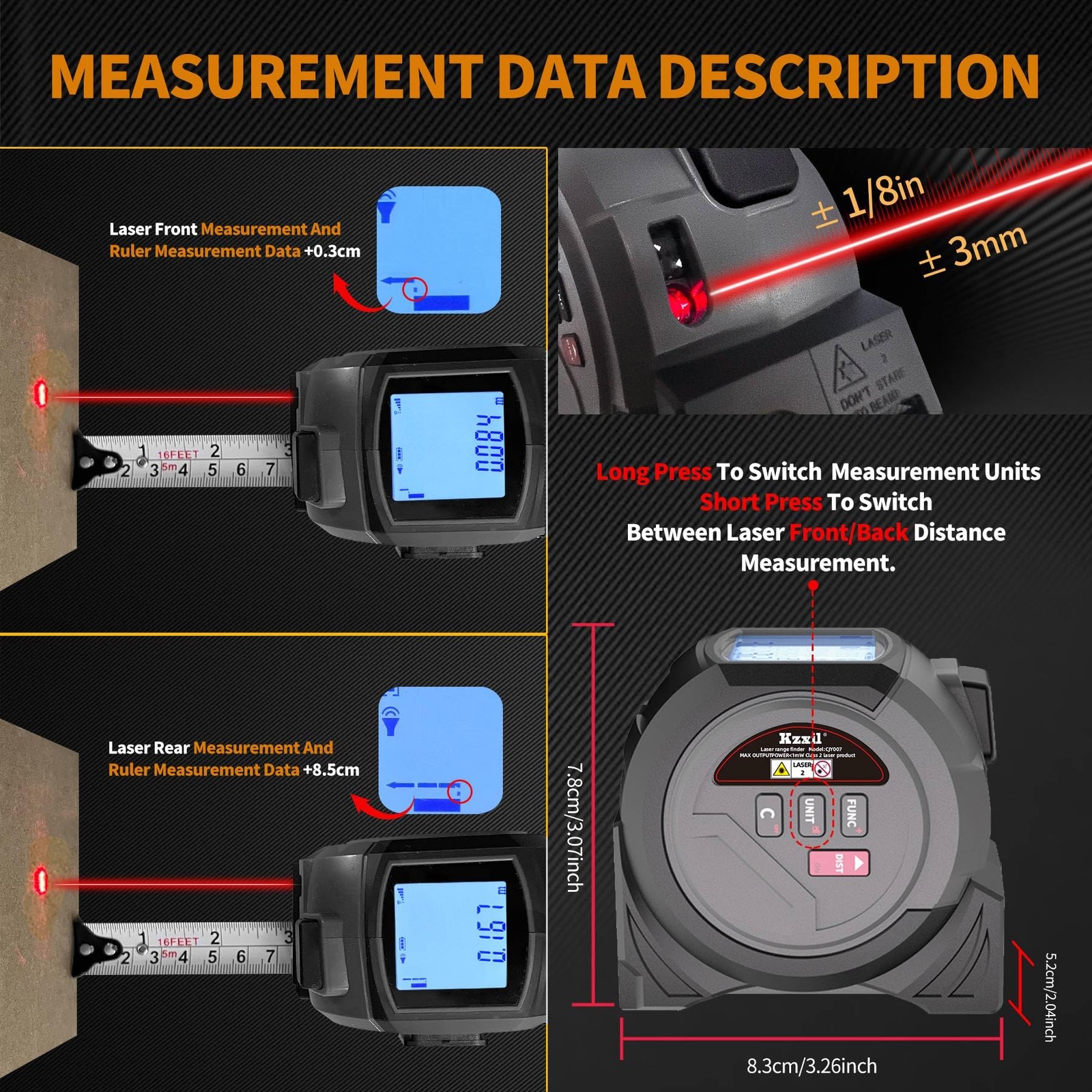 Laser Tape Measure 3-in-1 131ft Laser Measuring Tape & 16ft Woodworker Tape Meas