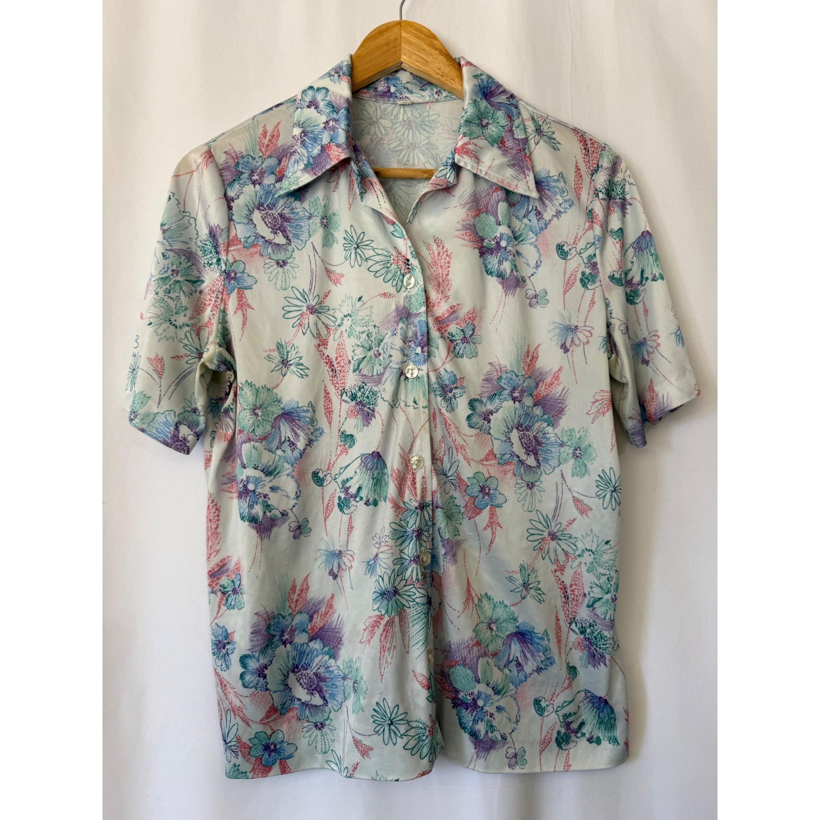 Vintage Floral Short Sleeve Button Up Blouse Pastel Blue Purple Large
