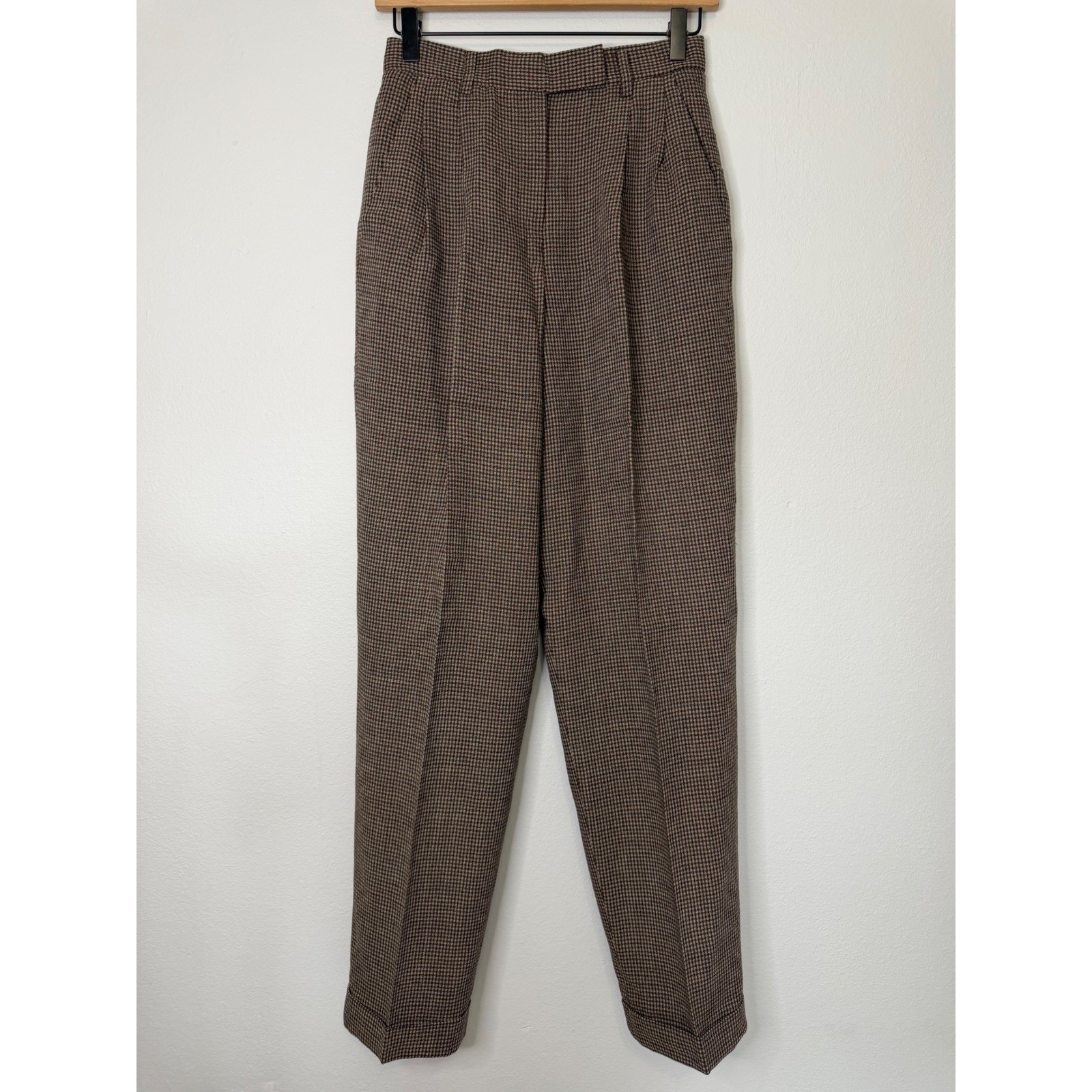 Vintage Liz Claiborne – Wool Blend Plaid Trousers Tan Green 1980’s Size 6