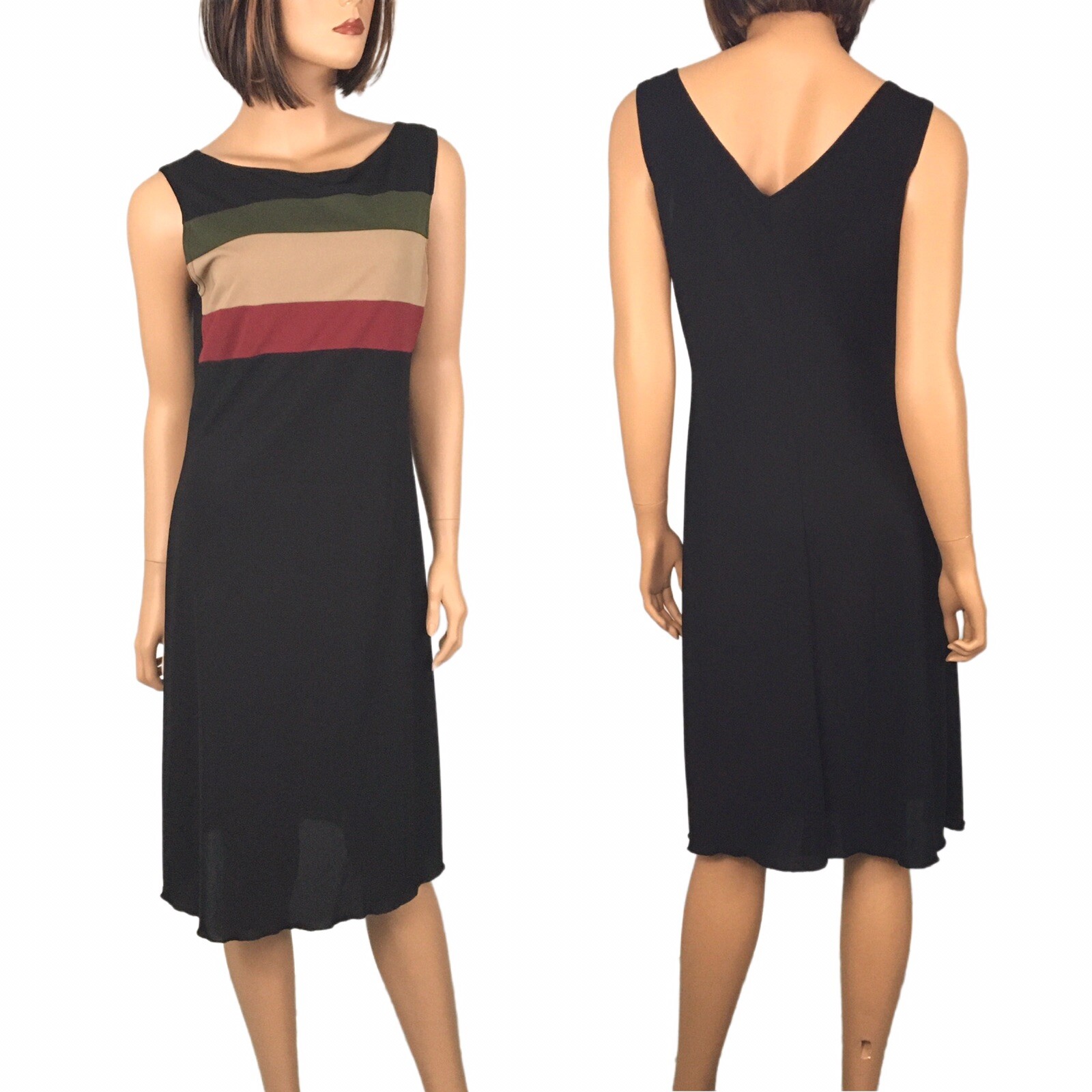 Vintage 80’s Color Block Stripe Black Dress Green Tan Semi Sheer Flouncy Bottom