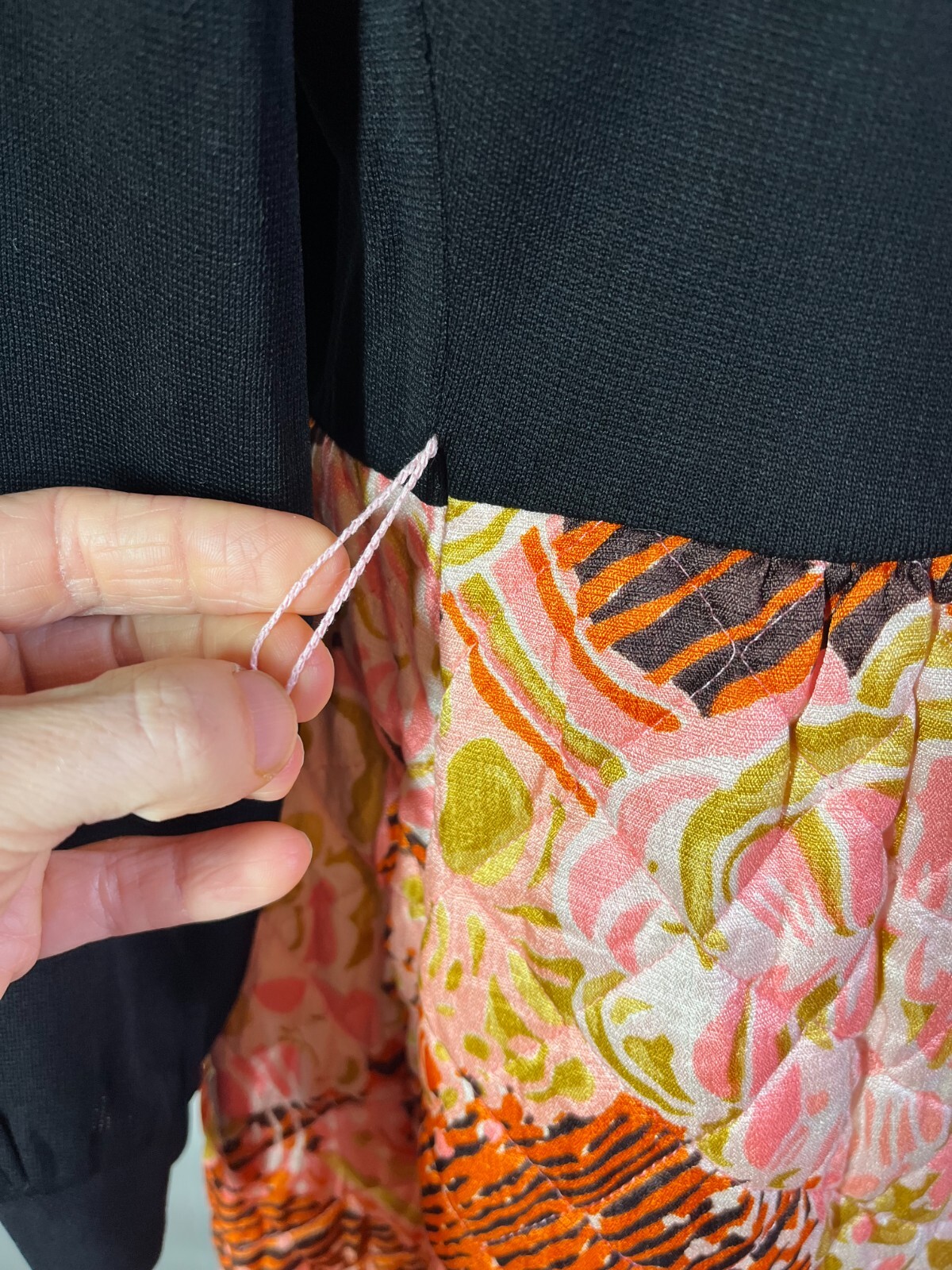 Vintage 1970s Maxi Dress Quilted Skirt Black Pink Orange Hostess