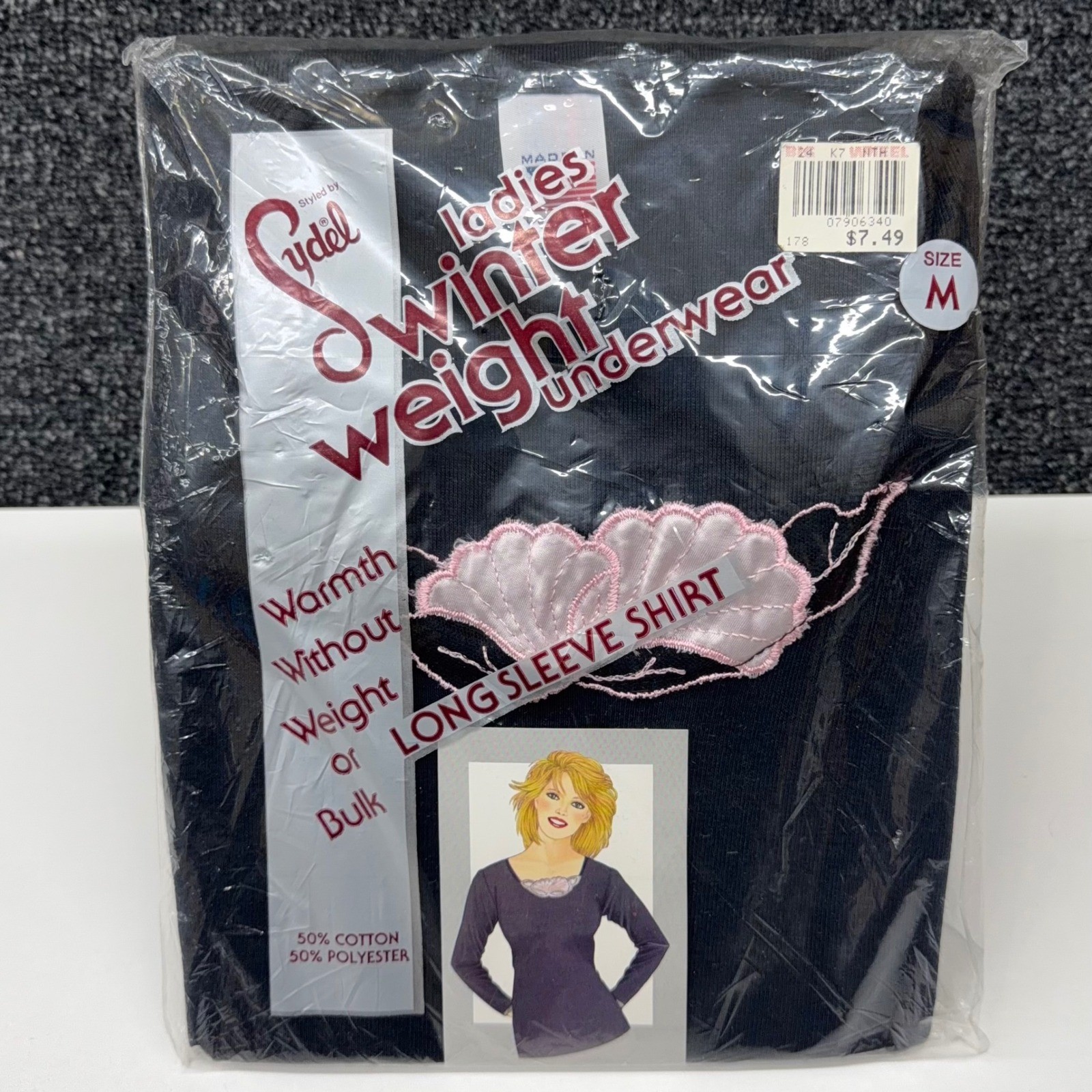 Vintage Sydel Ladies Winter Weight Thermal Shirt Navy Pink Lace Made in USA Med