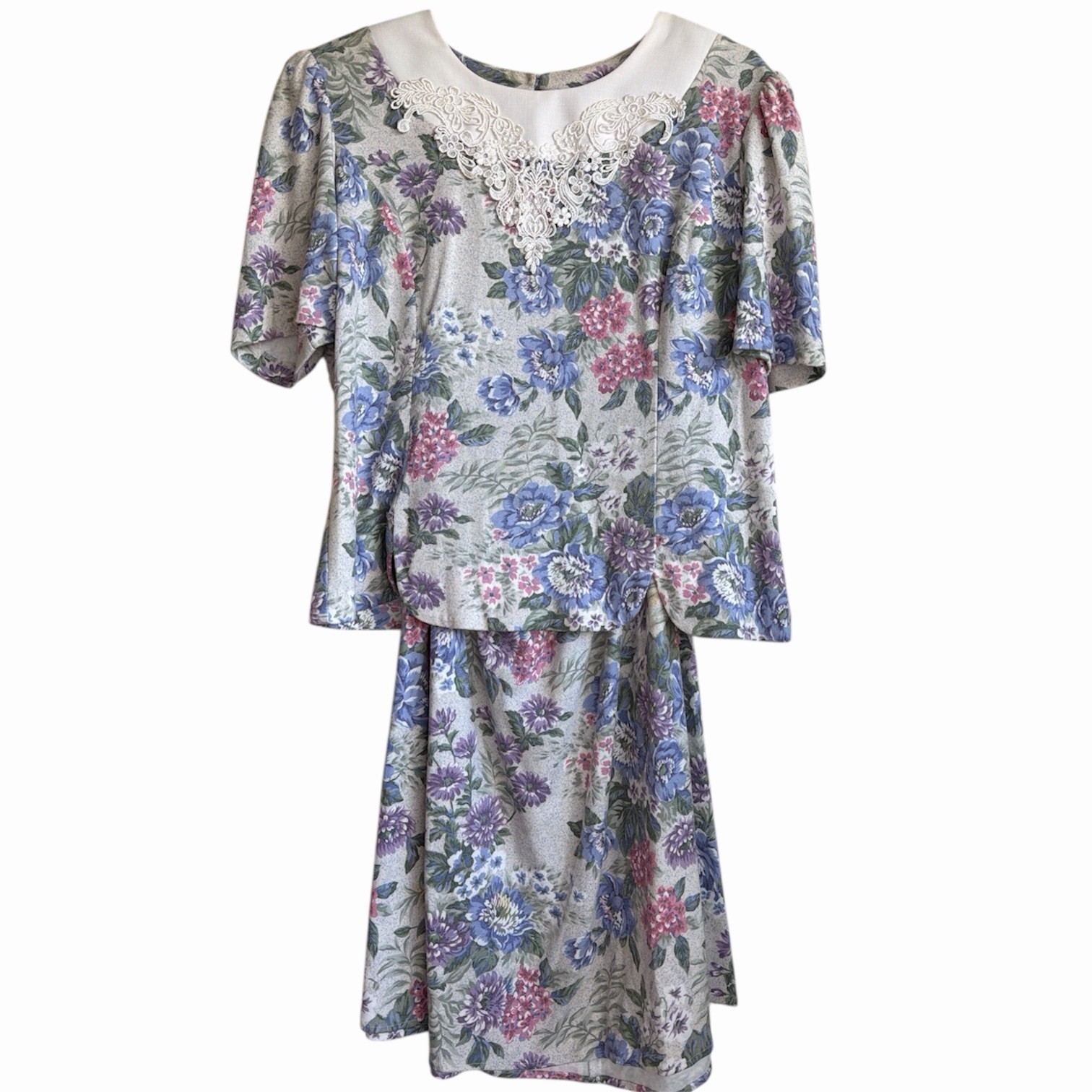 Vintage 80s Whirlaway Frock Top And Midi Skirt Set Floral Short Sleeve
