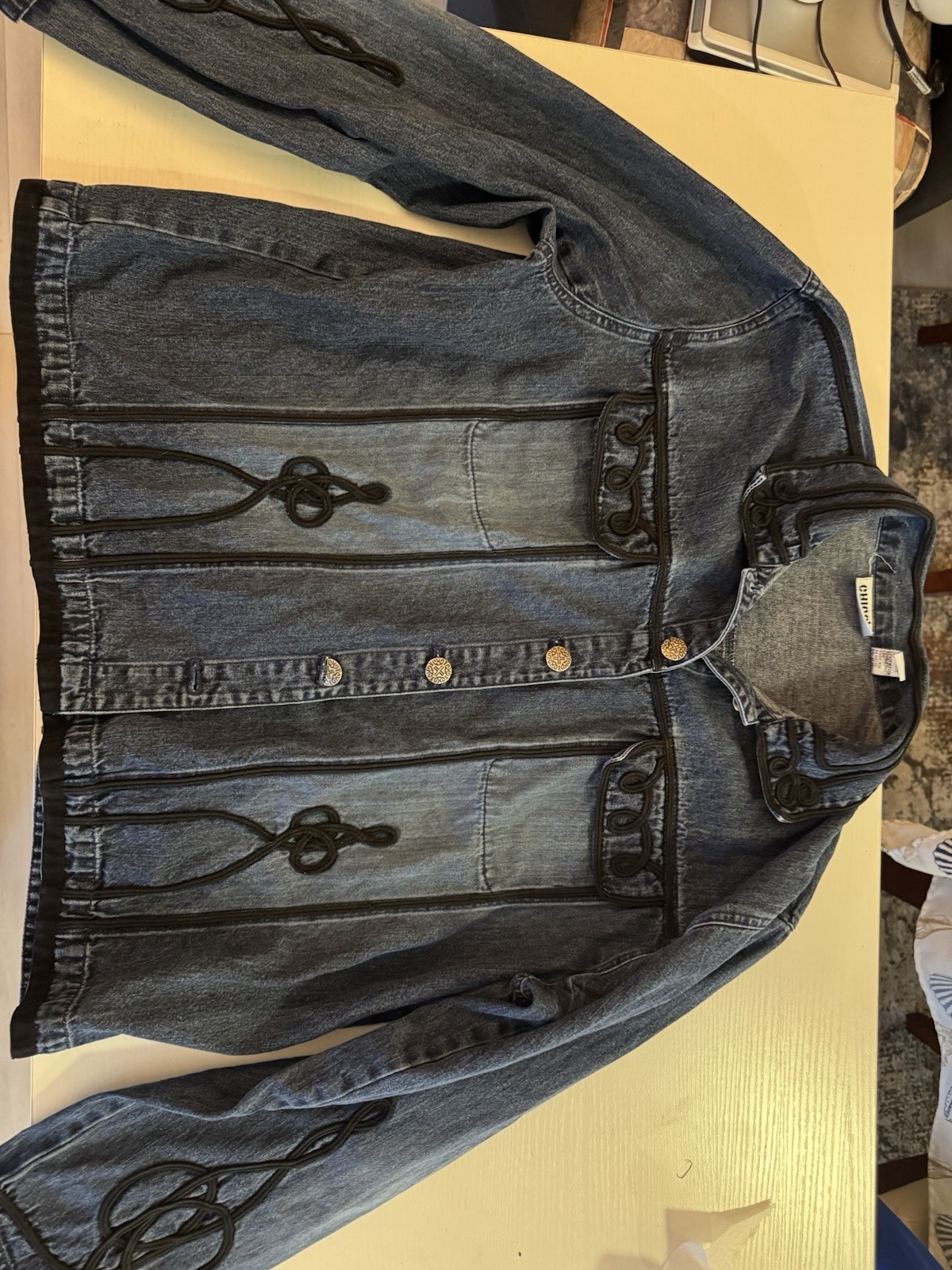 vintage 80’s blue black denim military drummer goth steampunk jacket Size 3