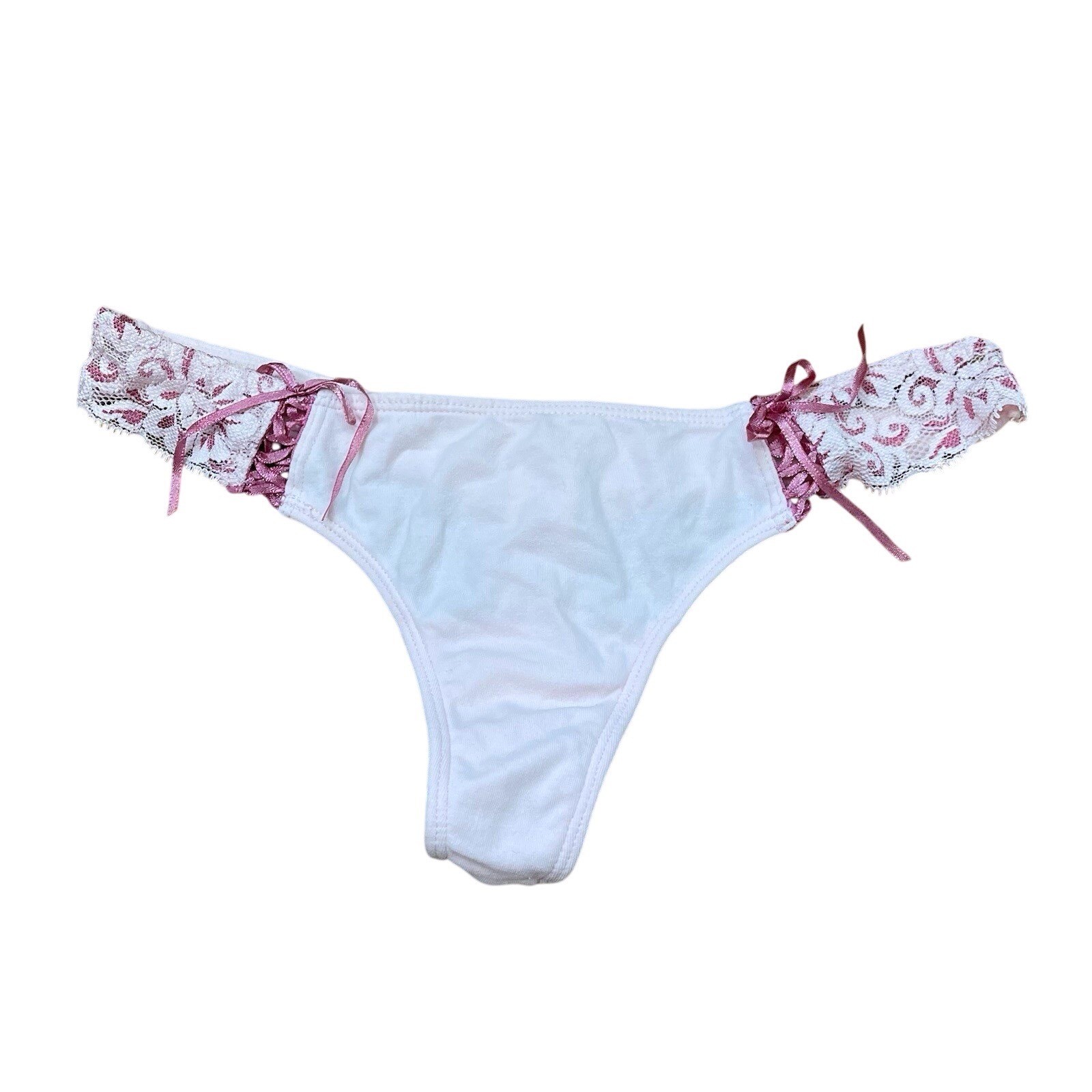 VTG Y2K M Lace Coquette Bows Thong Cotton Panties Underwear Baby Pink