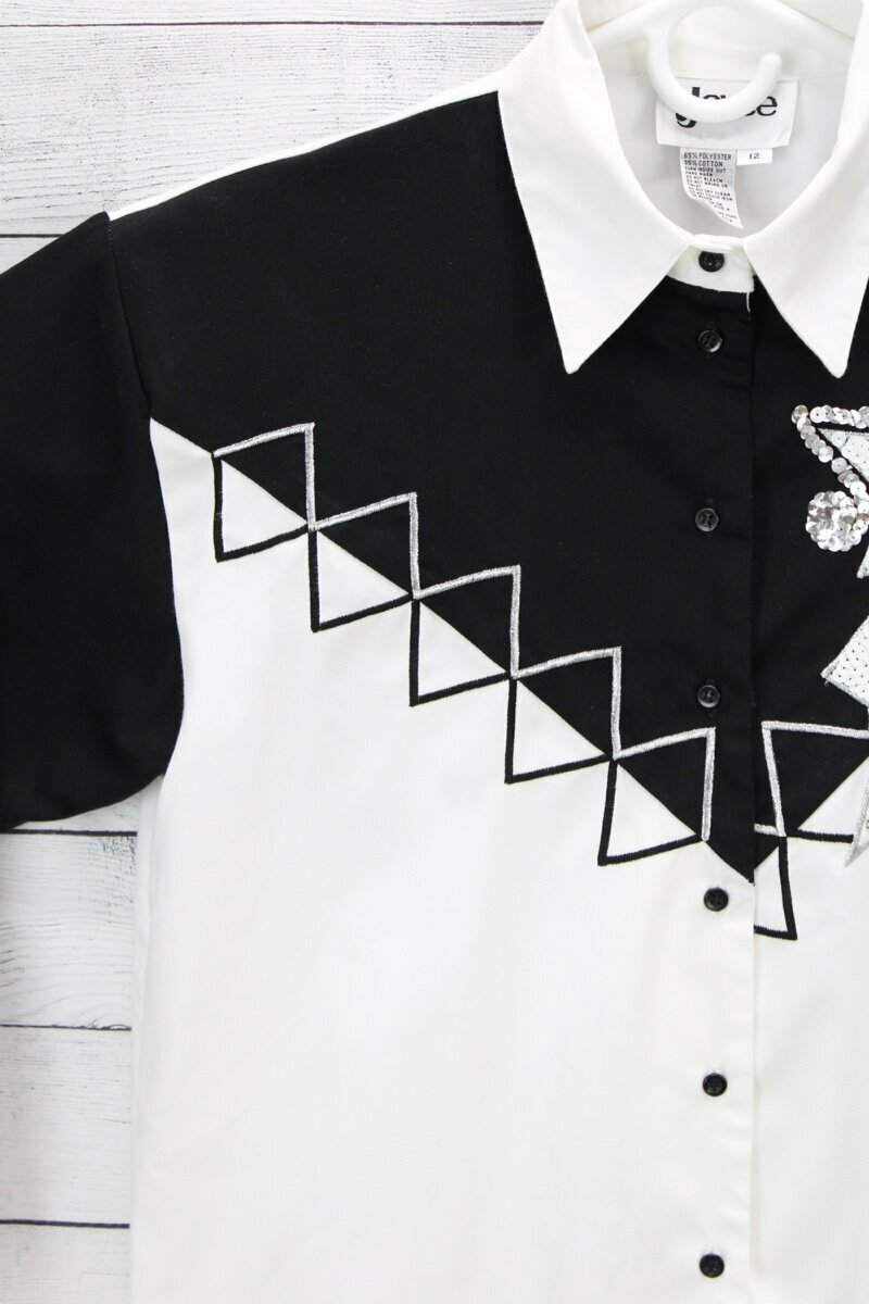 Vintage Joyce shirt Womens 12 Long Sleeve White black Sequin Bling 1980s