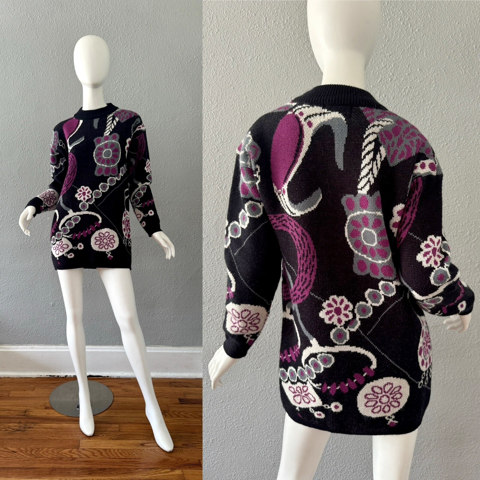 Vintage 80s Black Wool Funky CERVELLE Crew Tunic Sweater Top S