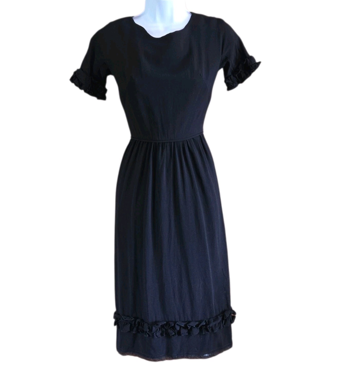 1950s Maggi Stover Dress Black Ruffles Lace Rockabilly Whimsy Goth XS Vintage