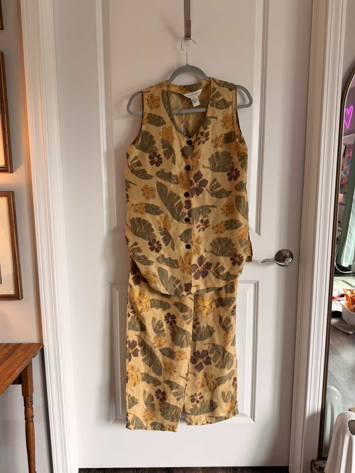 Melrose Studio Petites 2 Pc Tropical Print Silk Vest Pants Set PS Vintage