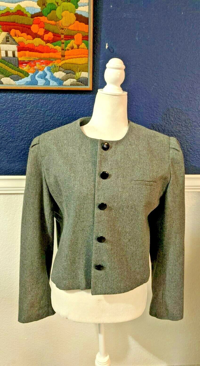 VTG E.H. Woods Gray Wool Blend Lined Blazer Jacket Buttons Sz 14 Extra Large XL