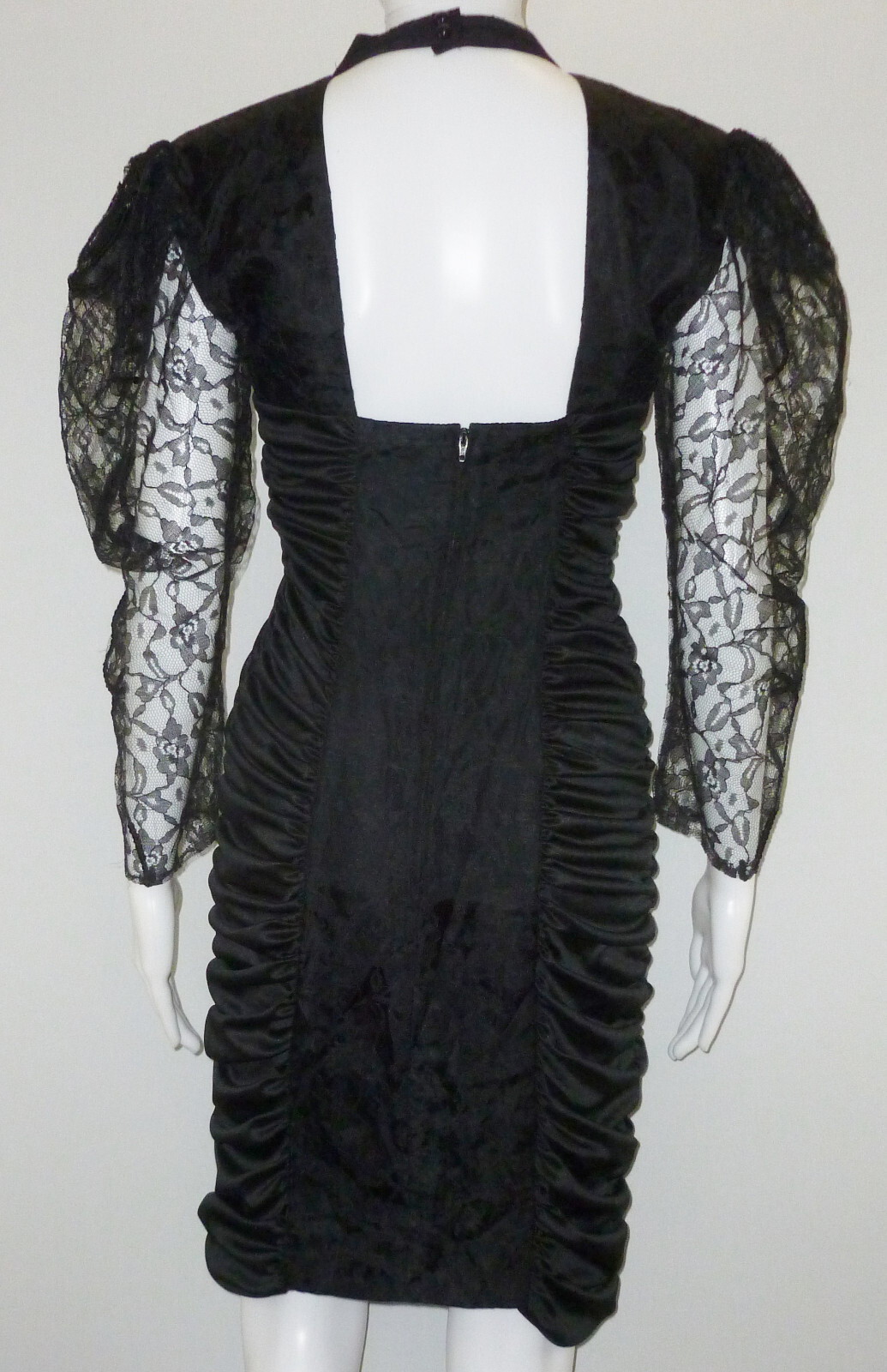 Vintage 80s Mayvens California Bodycon Dress Cocktail Black Puff Sleeve Choker S
