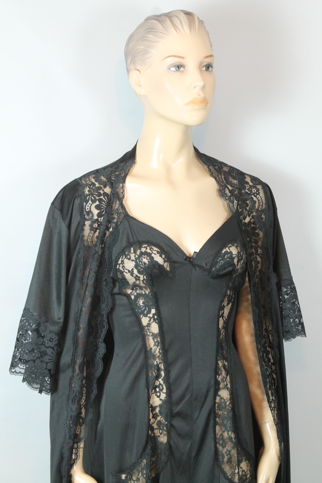 Vtg GLYDONS Made USA Hollywood Black Nylon Lace 2pc Peignoir Nightgown Robe M