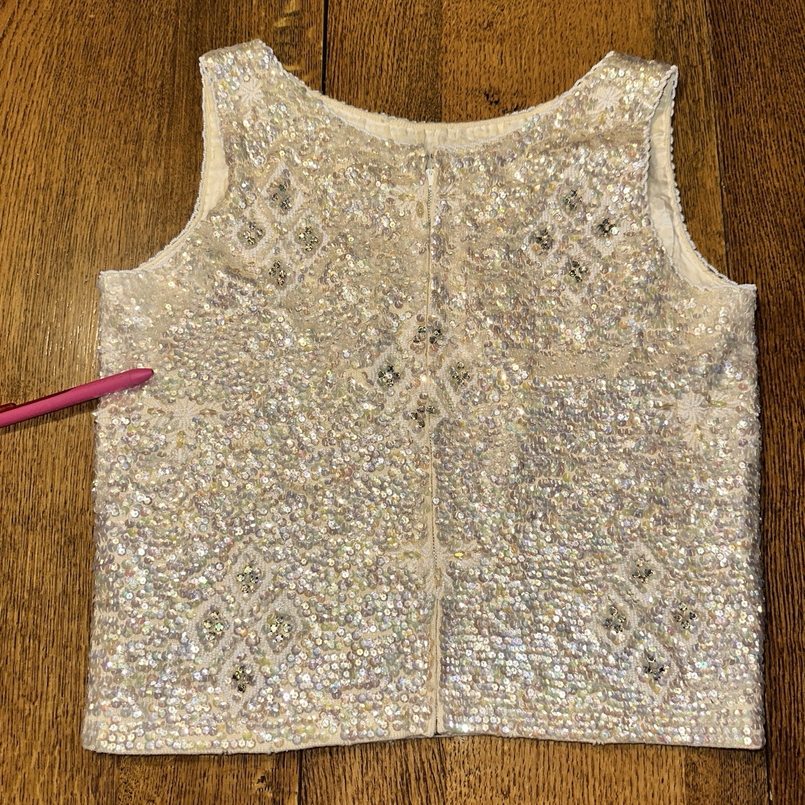 Vtg 50s 60s Hand Beaded Sequin Sleeveless Sweater Top Ivory 34 Glam Holiday Flaw