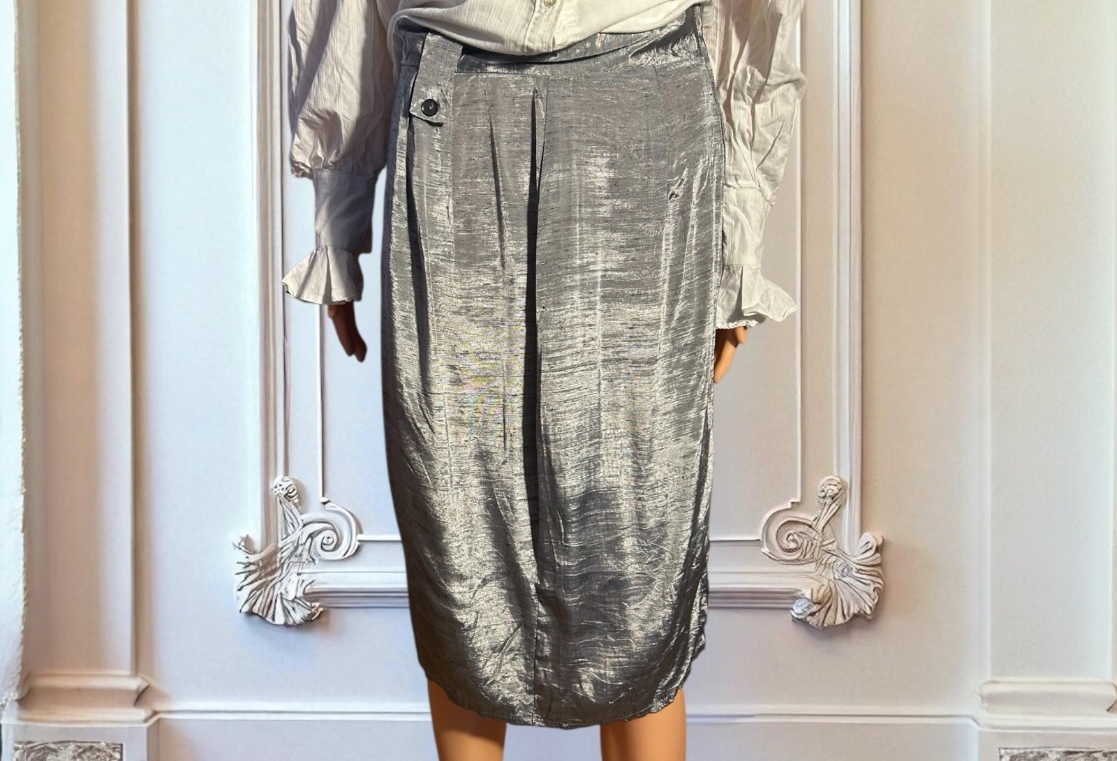 Vtg 80s Skirt Silk Blend Midi High Waist Pleats GLAM Silver Metallic Slub 27W S
