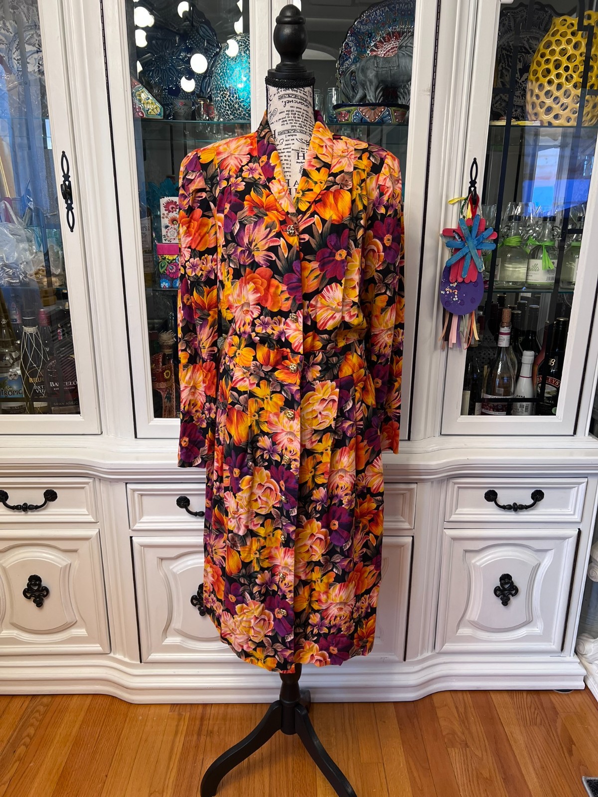 Vintage Special Effects Orange Floral Long Sleeve Dress Size 10, fits M or 6-8