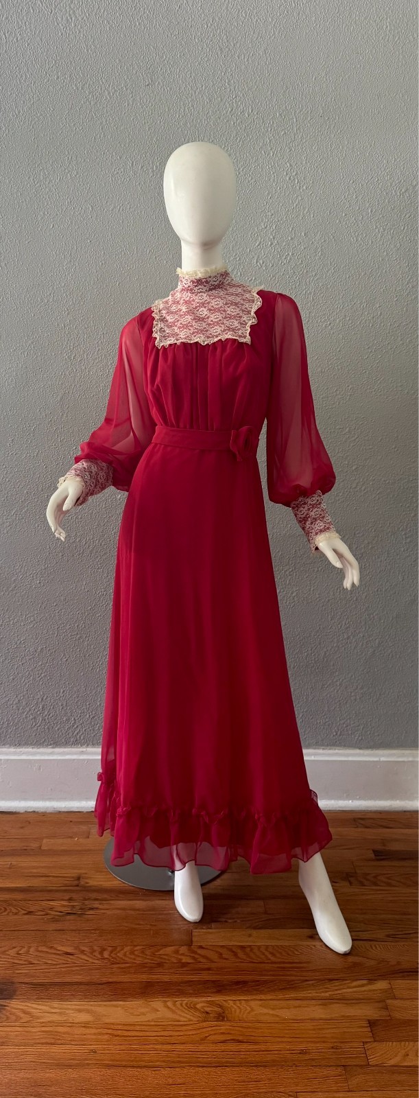 Vintage 70s Chiffon Prairie Cottage Core Party Victorian Maxi Dress M