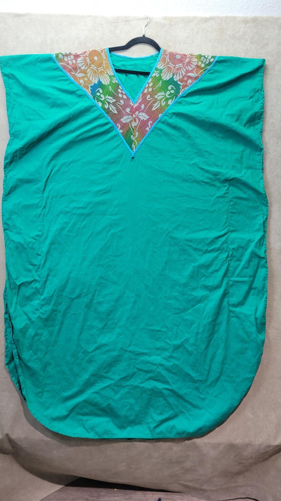 Vintage Womens Teal Muumuu With A Multi Colored Cheese Cloth Vneck Design