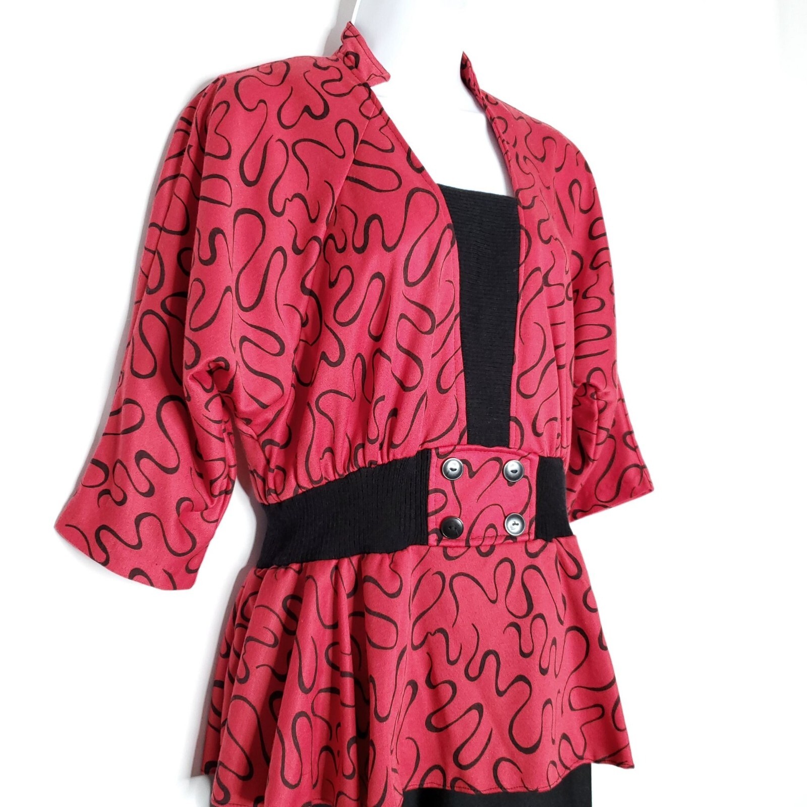 Vintage 80s Peplum Straight Secretary Dress L Red Black Dolman 1/2 Sleeve