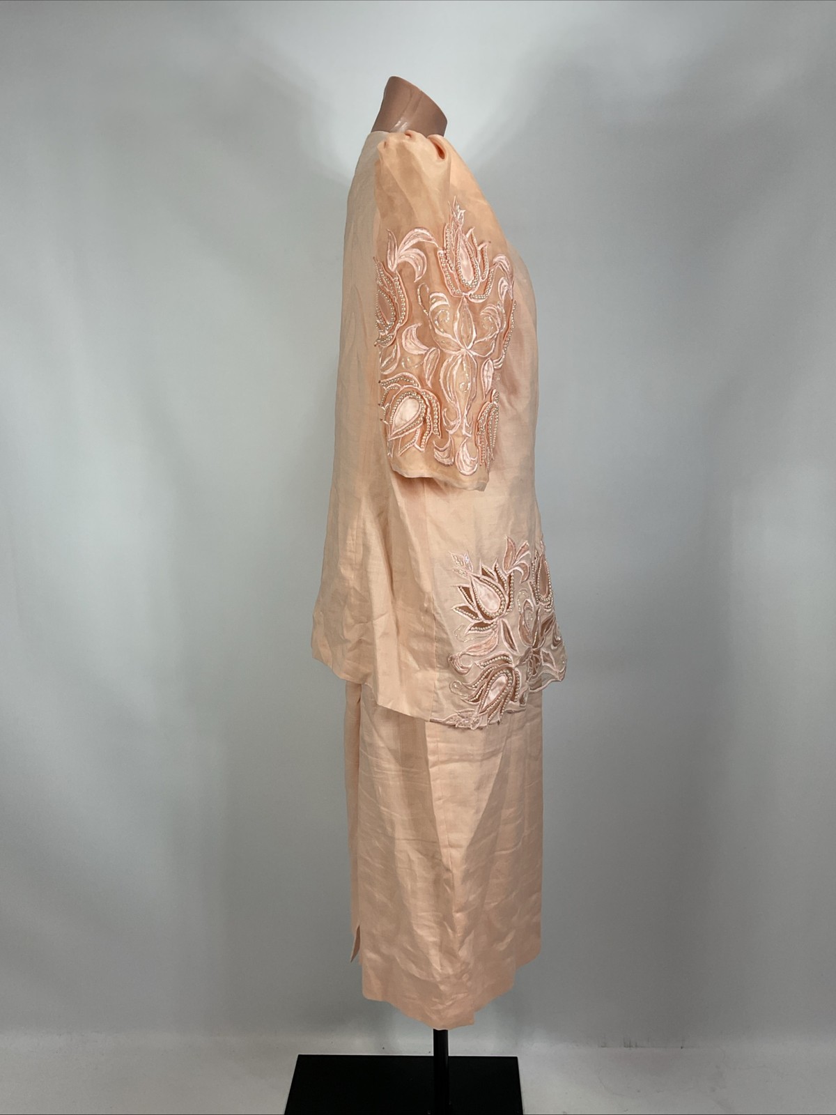 Vintage 80s DAVINCi Pink Suit Puffy Sleeve Suit Jacket Skirt 16X Beaded Linen