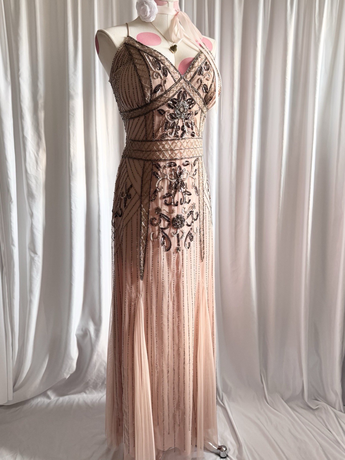 Vintage Pink Silver Fairy Beaded Sequin Ruffle Princess Formal Gown Dress 15/16
