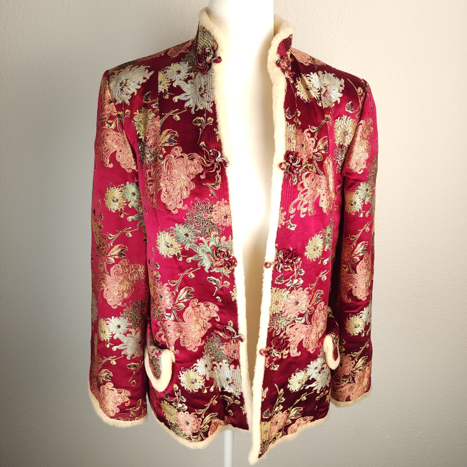 Vintage 70s Asian Mandarin Sherpa Lined Jacket Coat Silk Burgundy Chrysanthemum