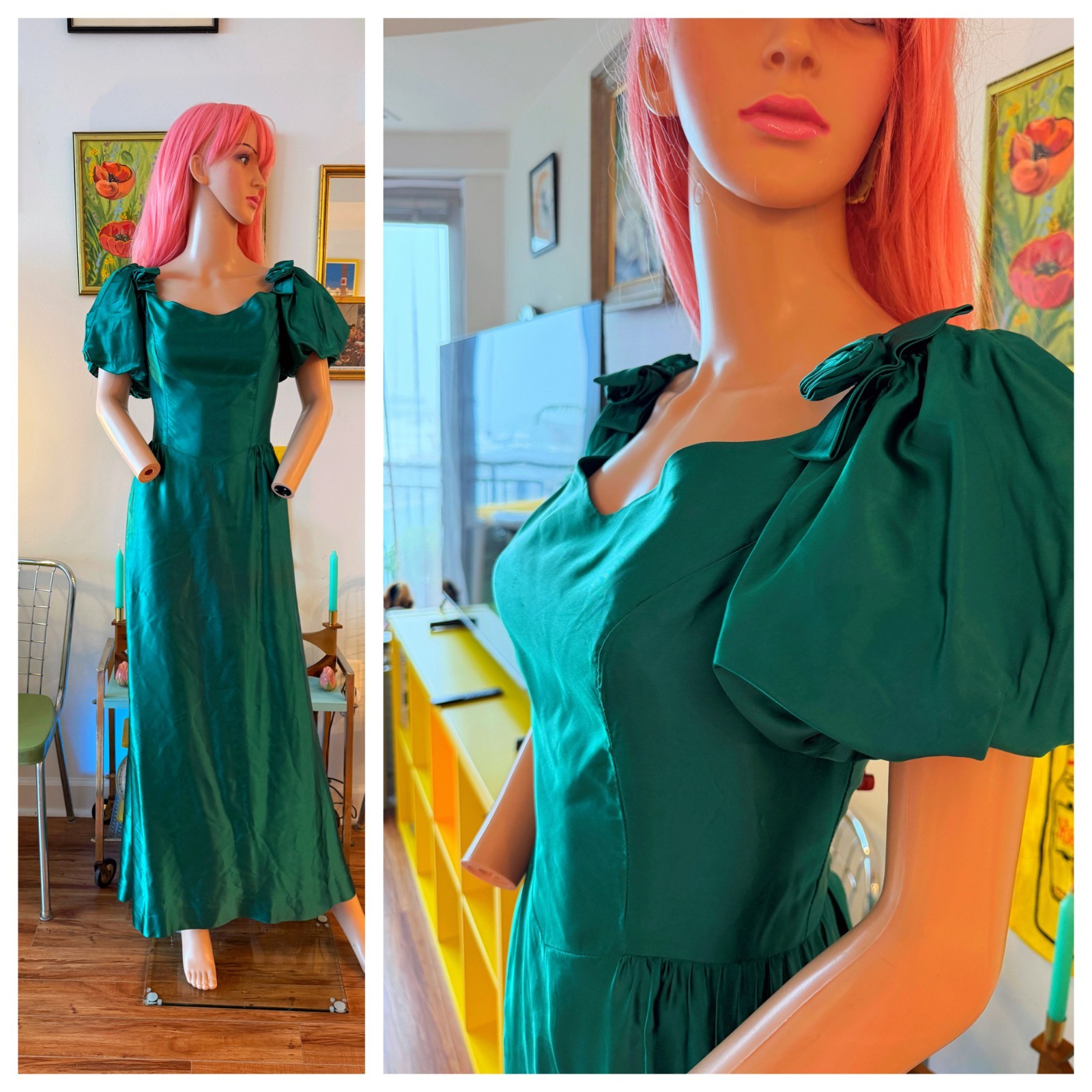 💚 Vtg 80s Party Prom Emerald Green Taffeta Gown Puff Slv Ballgown Prom Dress M