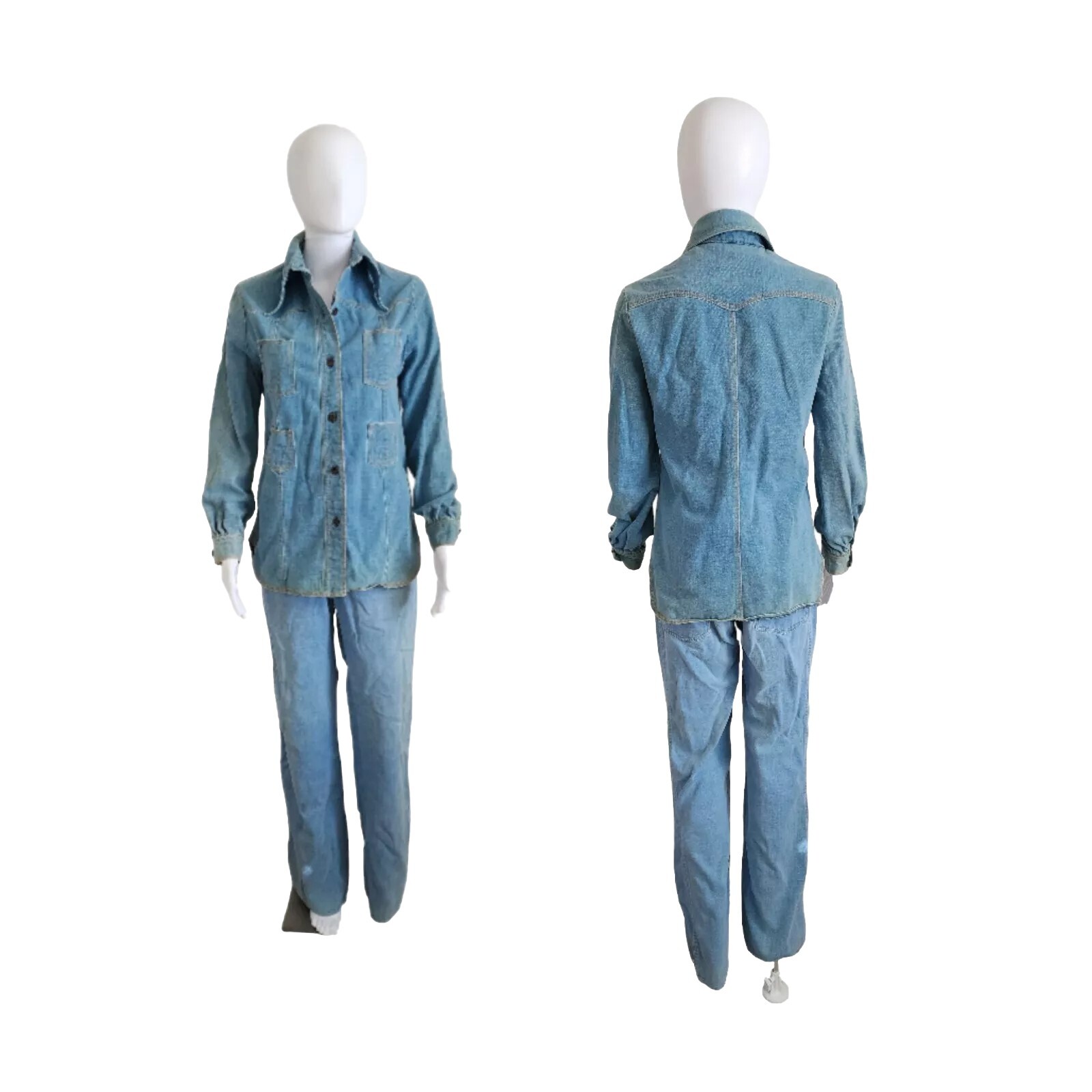 Vintage 70s Boho Women Denim Pointy Collar Cowgirl Shirt & Bell Jeans Set M