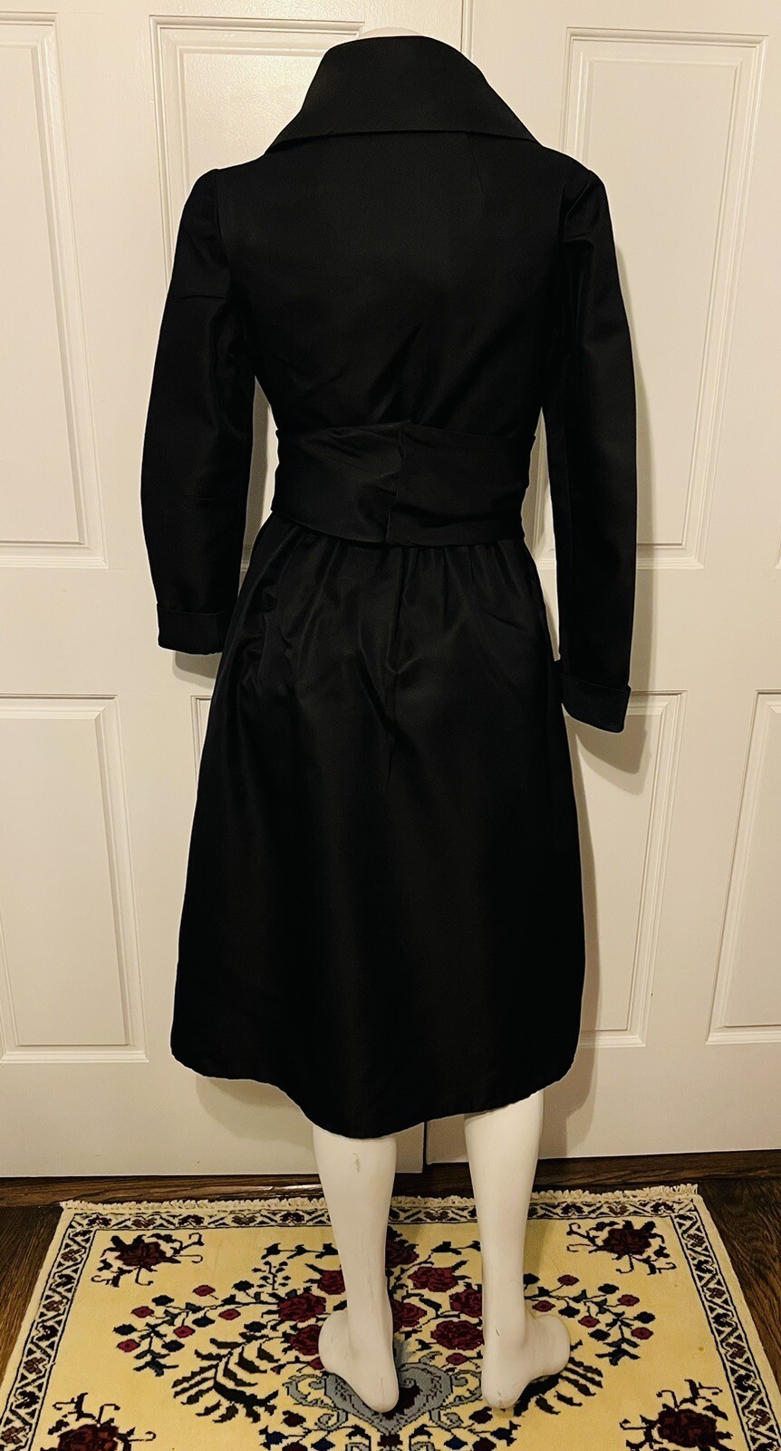 Vintage 1960s Geoffrey Beene Silk Crepe Ruffle Accent Long Sleeve Black Dress M