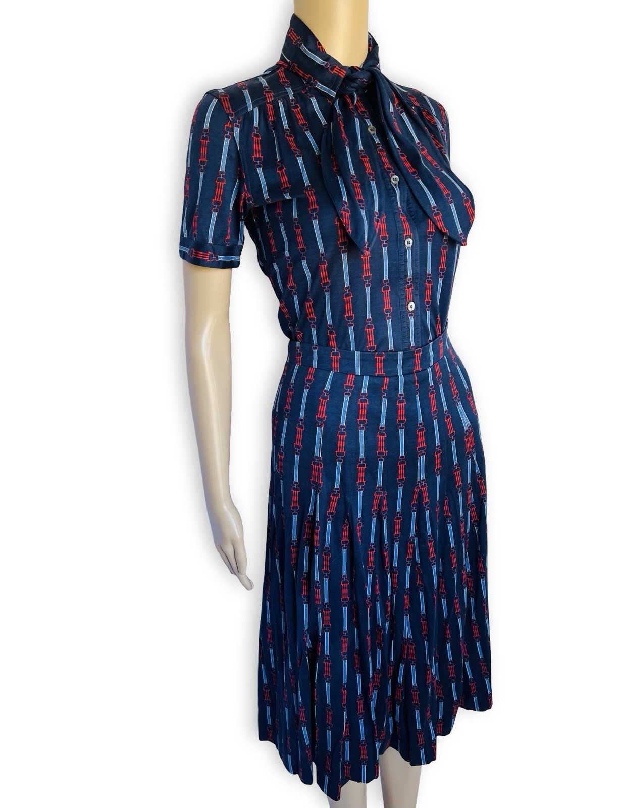 Vintage CÉLINE 1970s Equestrian Print Cotton Dress Two Piece Blouse Skirt Set XS