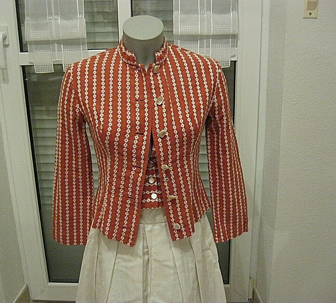 3 Piece Summer Dress 80s Linen Tailored Cream Rust Red Skirt Top Jacket S/36