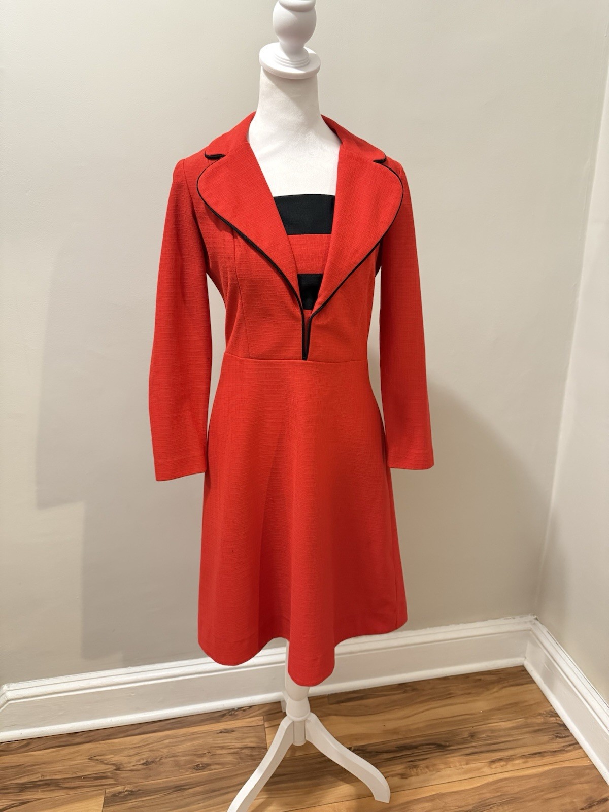 Vtg 60s 70s Office Dress Red Black Long Sleeve M Trends By Jerrie Lurie Mad Men